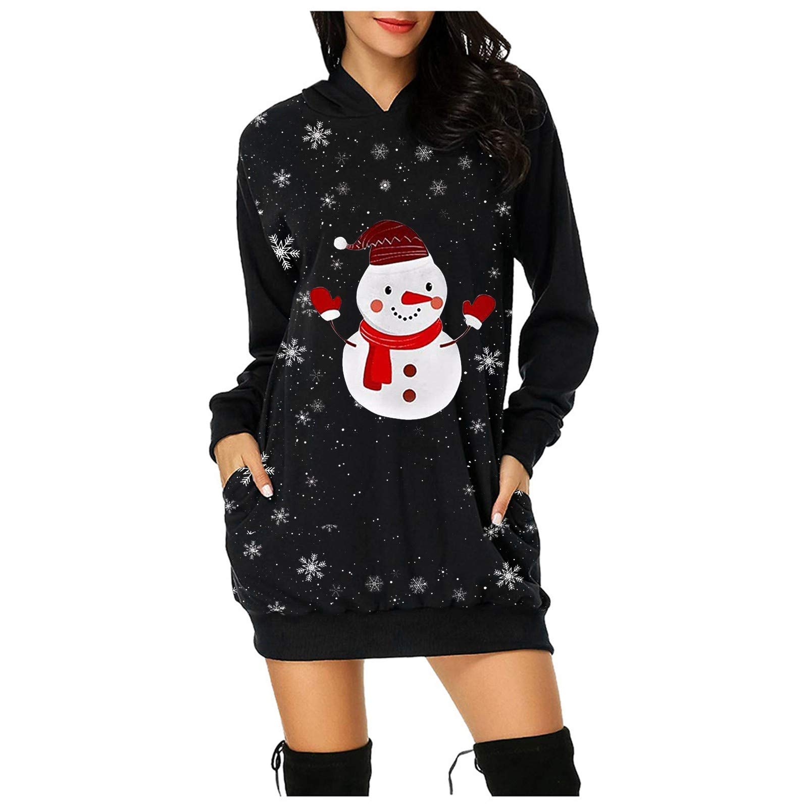 Women's Christmas Snowman Print Hoodie Dress with Hip Pocket - Cozy Winter Fashion for Holiday Parties & Casual Outings