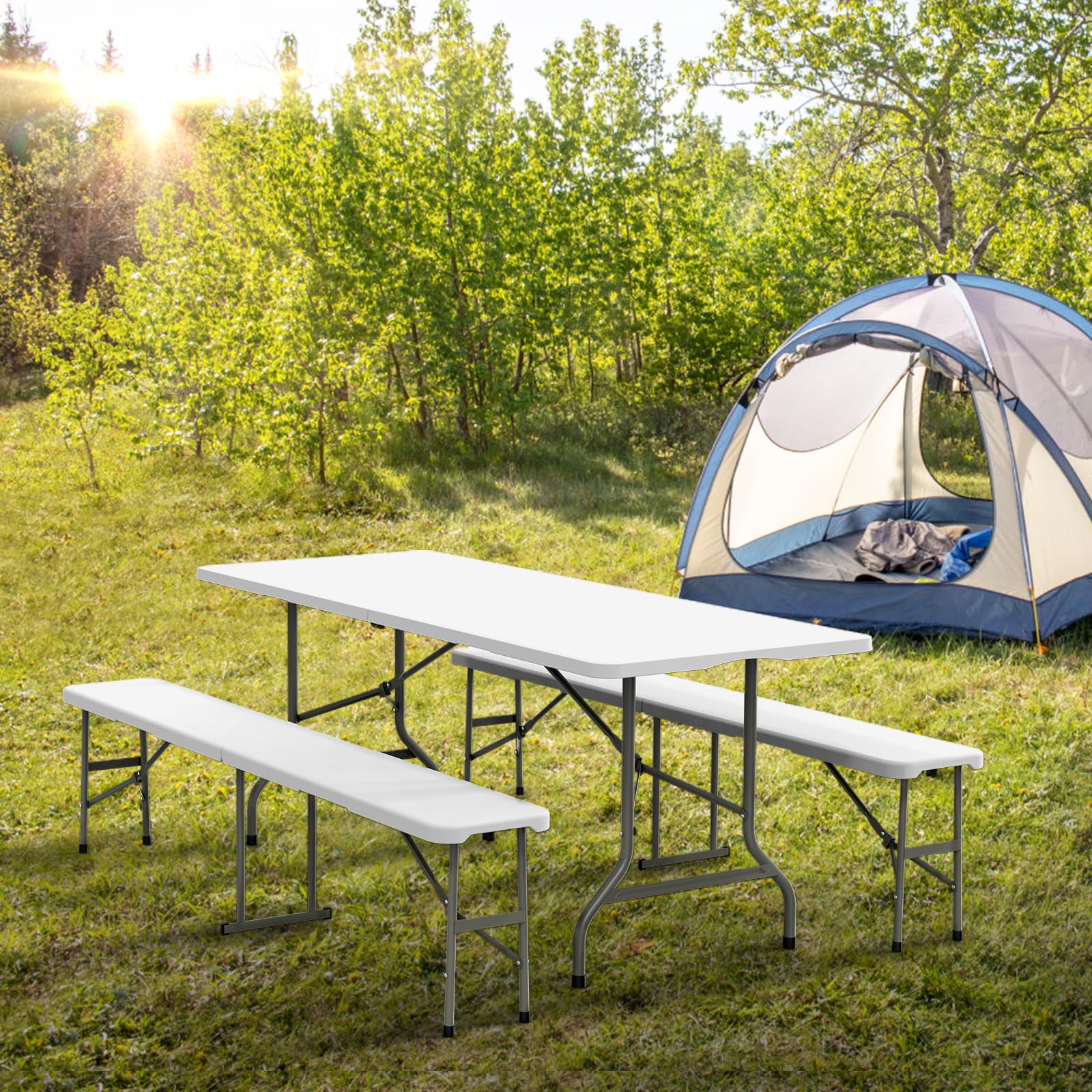 VINGLI 6-Foot Picnic Table Set with 2 Benches - 3-Piece Folding Camping Furniture for Indoor & Outdoor Use - Smooth White Tabletop - Perfect for Backyard BBQs, Camping Trips & Patio Dining