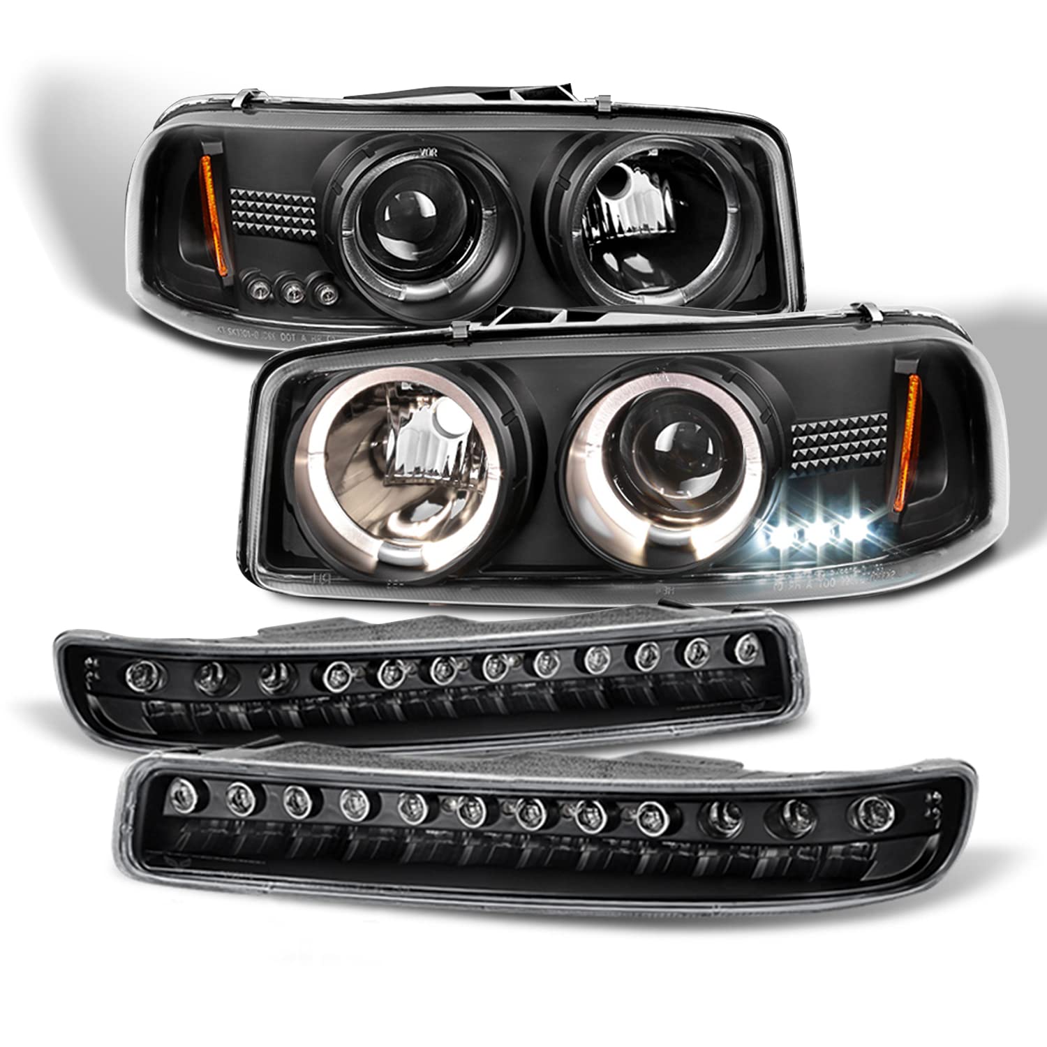 AKKON Halo Projector Headlights & LED Bumper Signal Lights Combo for GMC Sierra Yukon - Durable Replacement Headlamps with Bright LED Lighting - Perfect for Night Driving, Off-Road Adventures & Enhanced Visibility