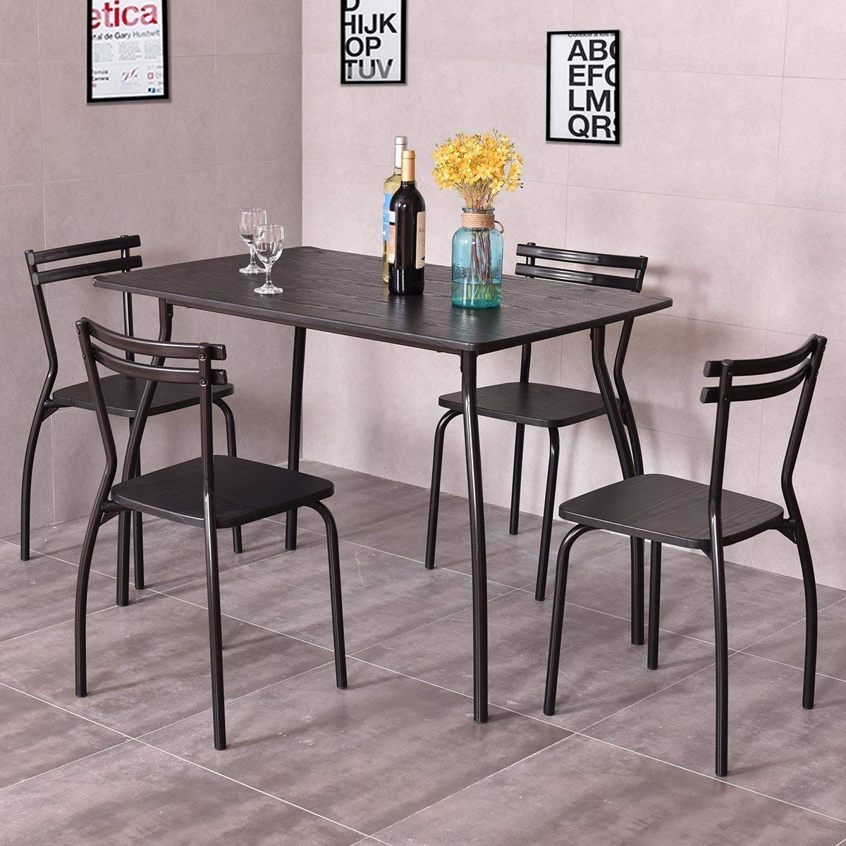 Casart 5-Piece Rectangular Dining Table Set with 4 Chairs - Black Steel Frame & MDF Top (42