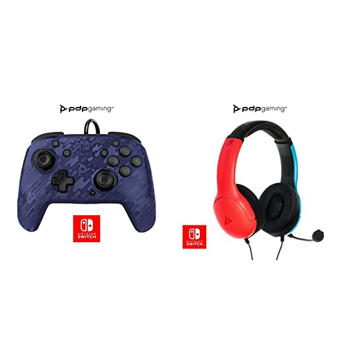 PDP Gaming Faceoff Deluxe+ Wired Pro Controller & LVL40 Stereo Gaming Headset with Mic - Compatible with Nintendo Switch, PC, iPad, Mac, Laptop - Mario Red & Blue - Perfect for Competitive Gaming & Home Entertainment