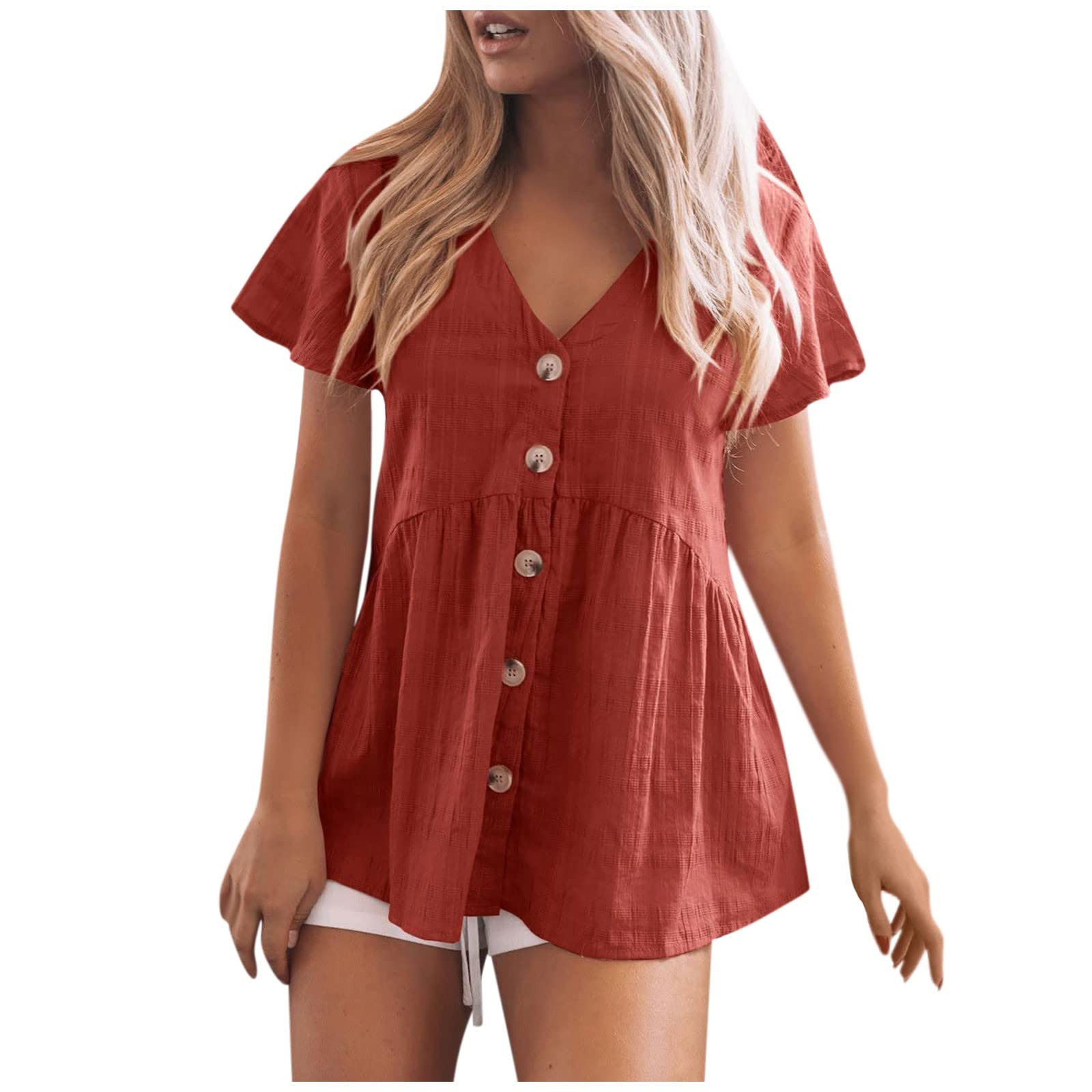 Women's Casual Cotton Linen Short Sleeve Shirt - Solid Color Y2K Style Cute Tube Top for Summer Outfits & Going Out
