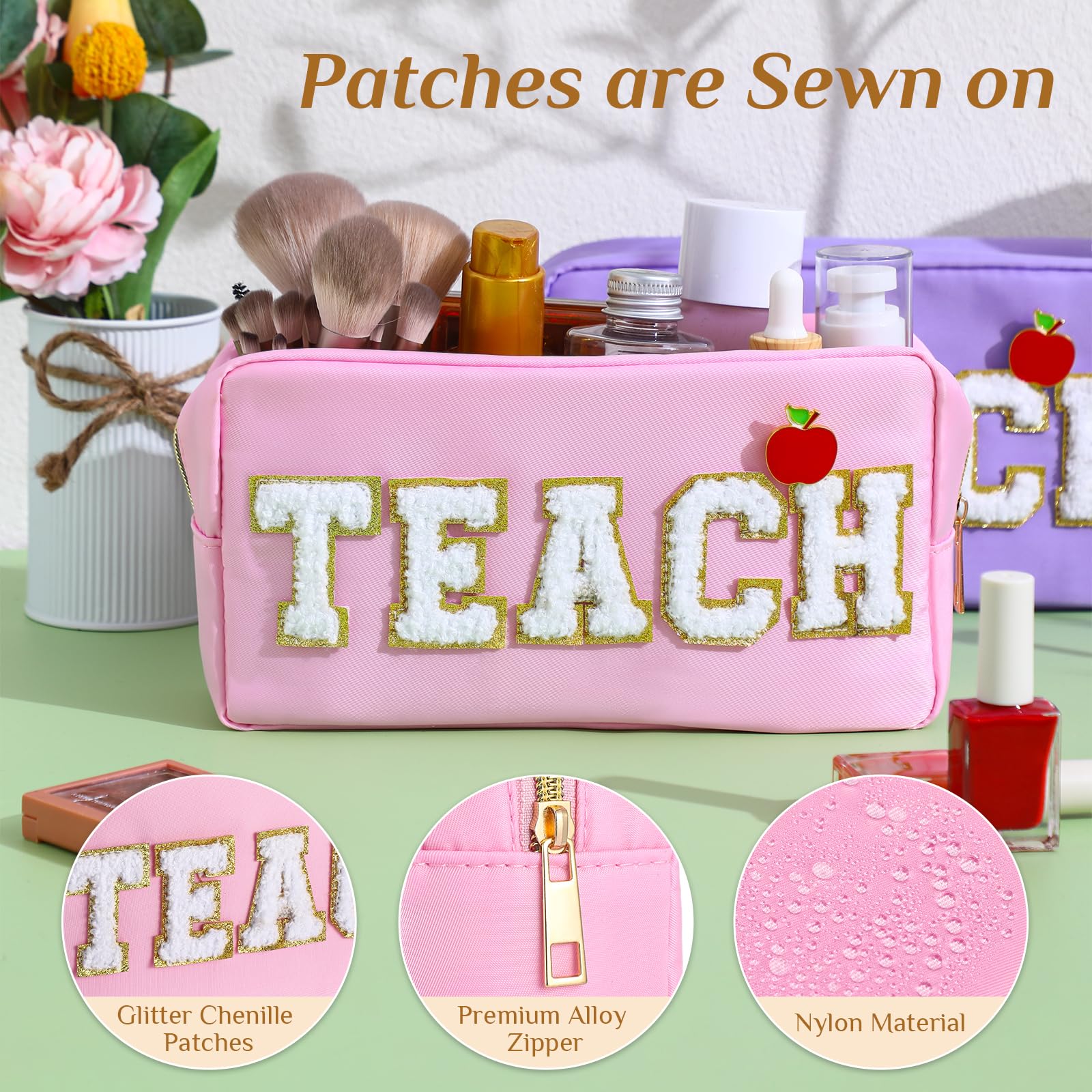 6 Pcs Teacher Appreciation Gift Set - Chenille Letter Bag & Apple Pins for School, Retirement, Birthday