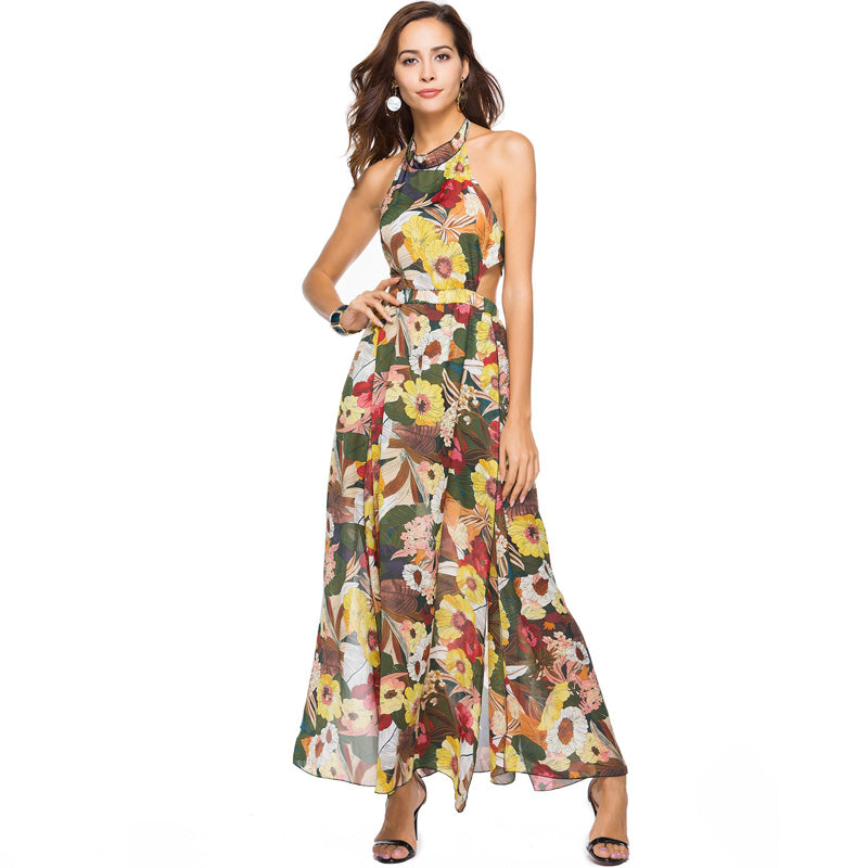 Floral Print Chiffon Backless Maxi Dress for Women - Elegant Summer Beach Wedding Party Gown