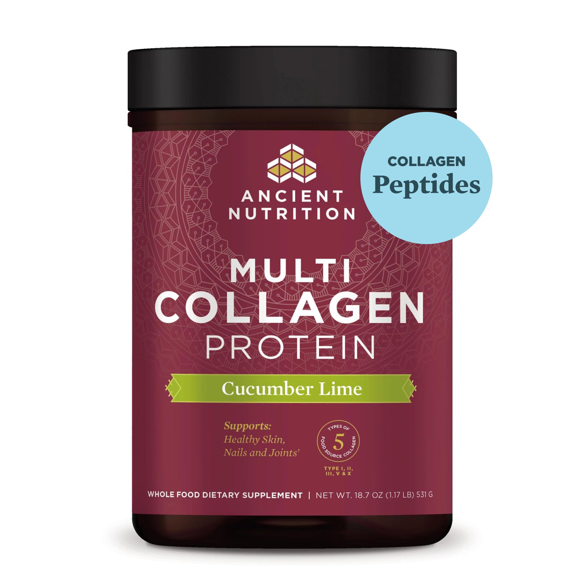 Ancient Nutrition Multi Collagen Protein Powder - Hydrolyzed Collagen Peptides for Skin, Hair & Nails Support - Joint Health Supplement - Cucumber Lime Flavor - 18.6oz (Perfect for Smoothies, Coffee & Post-Workout Recovery)