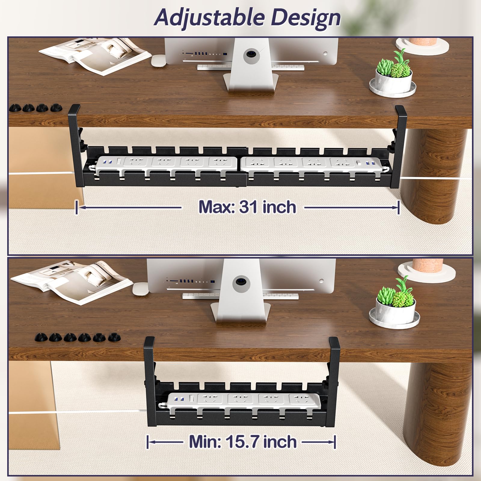 Shikha 2 Pack Under Desk Cable Management Tray - 15.7 to 31 Inch Adjustable Retractable Cord Organizer with Clamp, No Drilling Wire Management System for Home Office & Workspace - Perfect for Computer, Monitor & TV Cable Organization