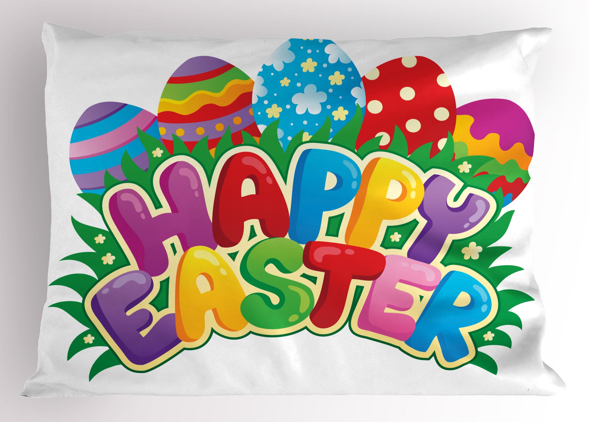 Ambesonne Easter Pillow Sham - Cartoon Style Ornamental Eggs with Polka Dots, Flowers & Stripes - Happy Easter Decorative Printed Pillowcase 26