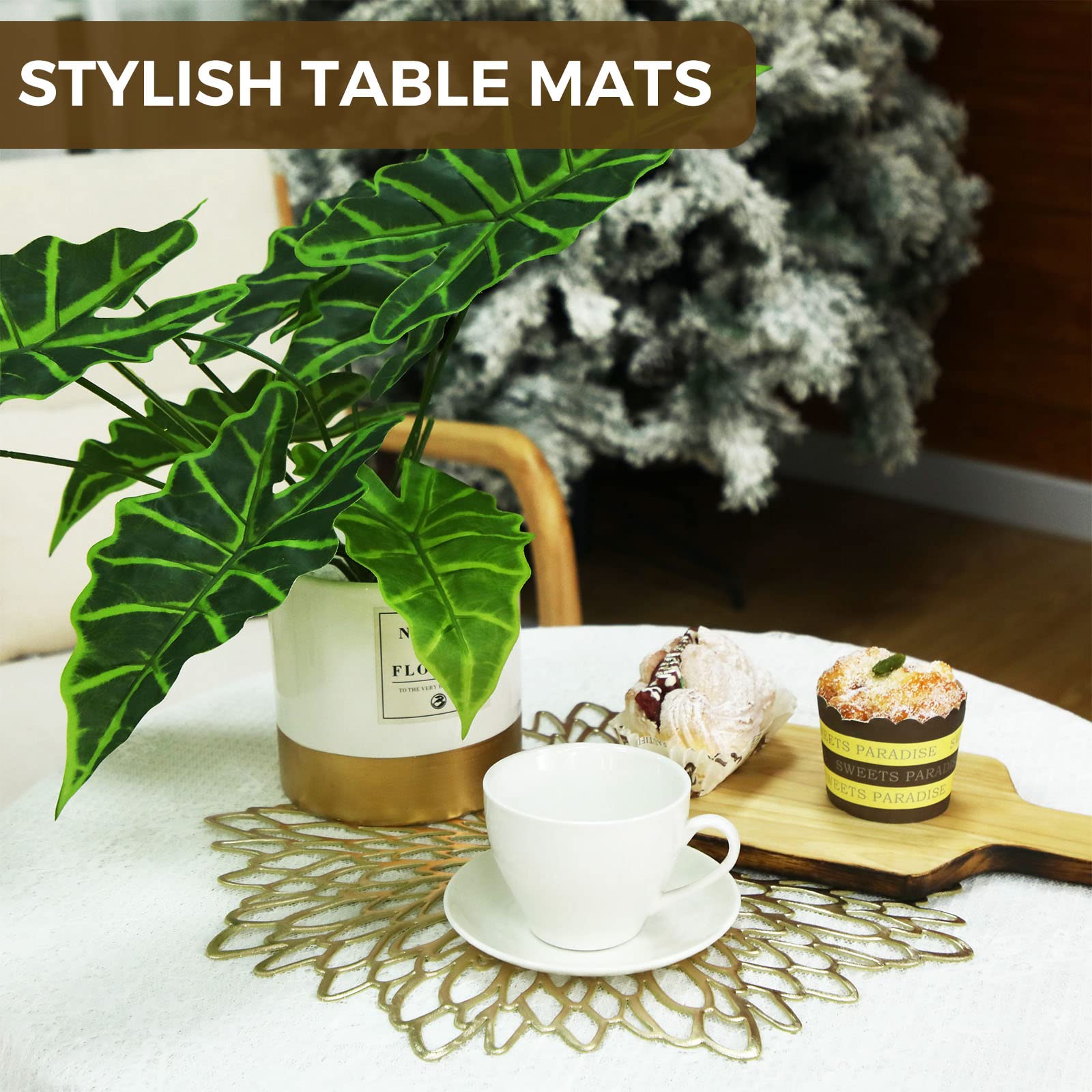 100-Piece Gold Round Pressed Vinyl Placemats Set - Metallic Hollow-Out Leaf & Flower Design - Elegant Table Mats for Wedding, Holiday Party, Reception - Durable & Decorative for Home, Kitchen, Dining Table (Perfect for Christmas, Thanksgiving & Special Occasions)