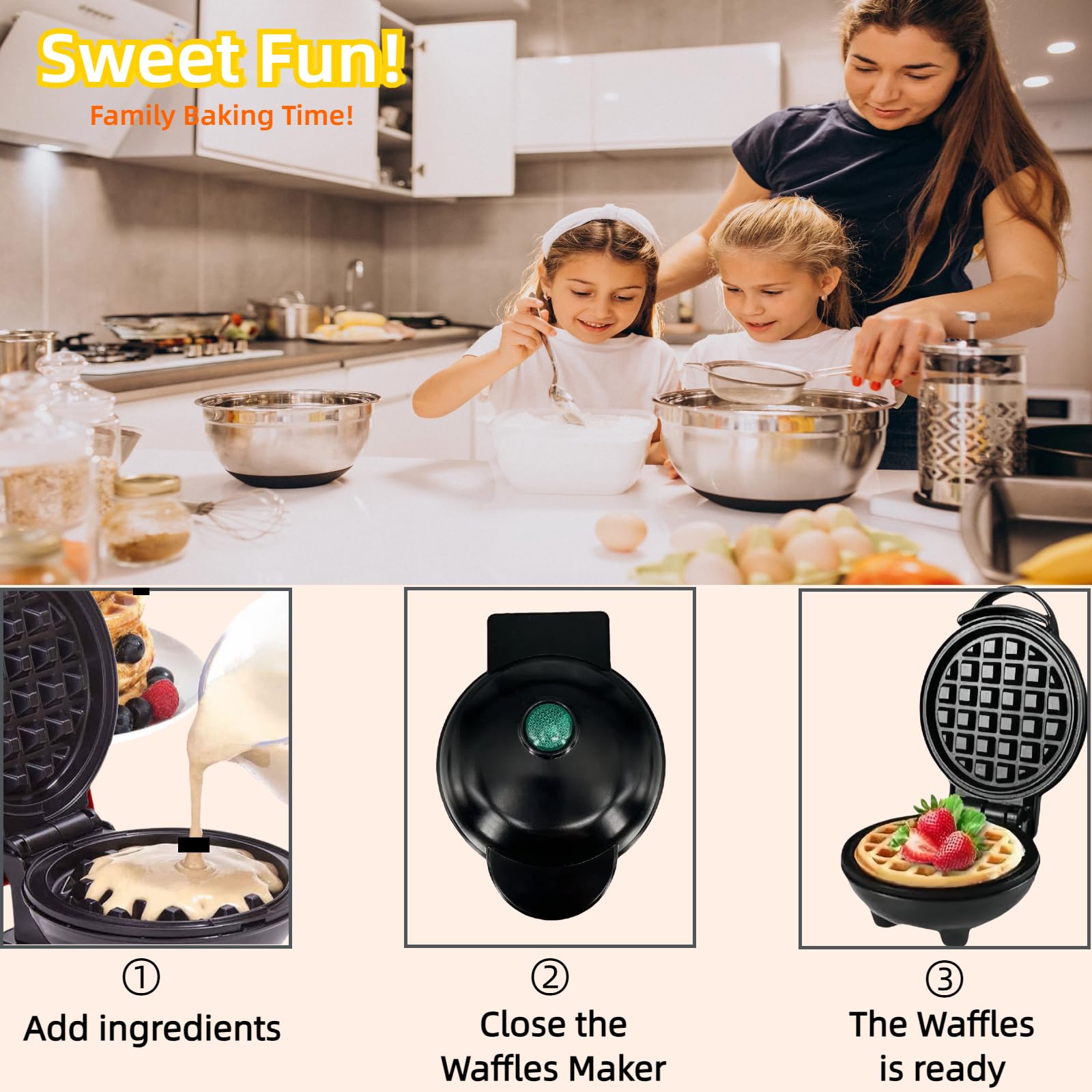 3-in-1 Mini Waffle Maker with 5 Removable Plates - Make Waffles, Donuts, Pancakes & Eggs - Compact Breakfast Appliance for Kids & Adults - Easy to Clean & Store - Perfect Holiday Gift (Black) - Ideal for Small Kitchens, Dorms, Camping & Quick Breakfasts