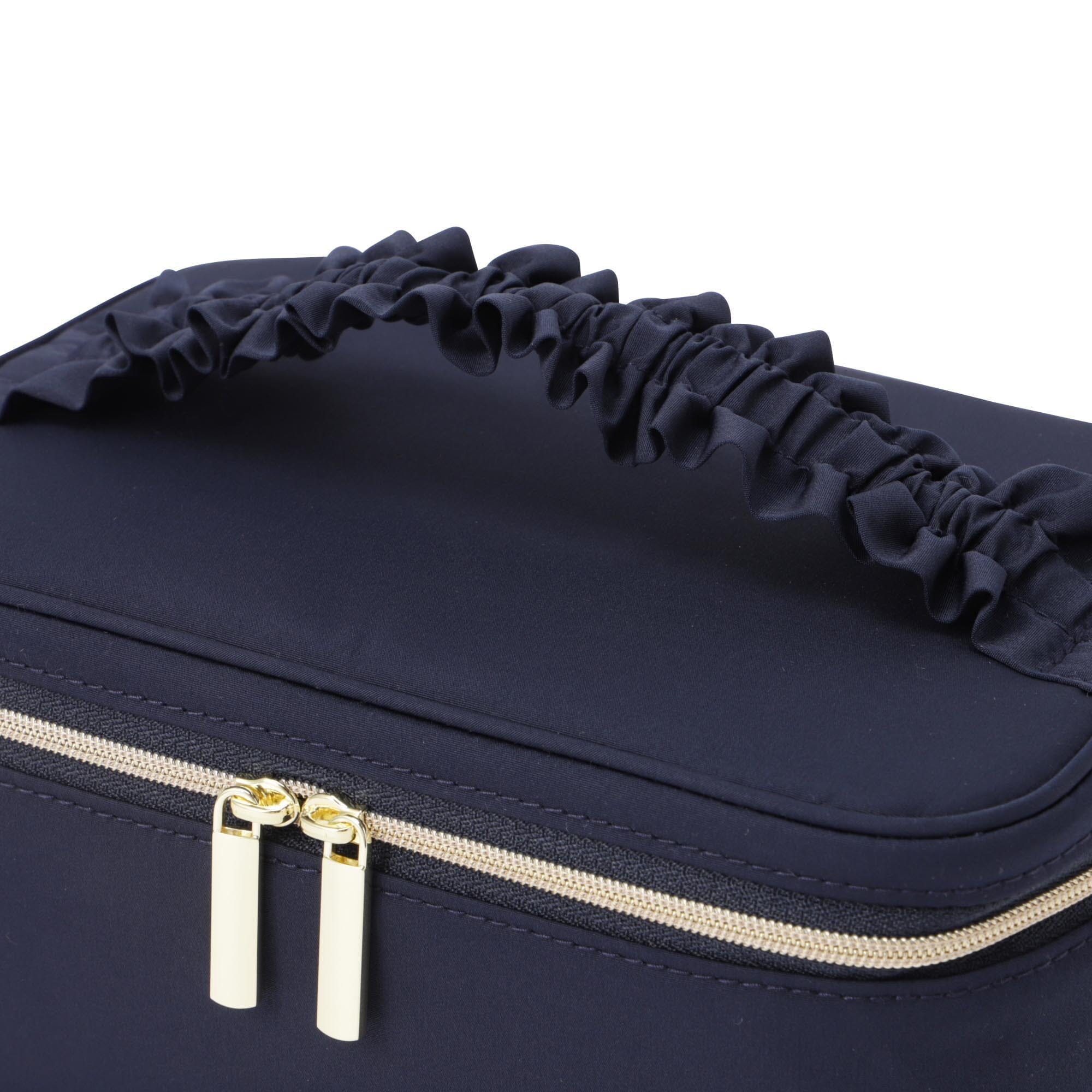 Frilled Vanity Pouch - Navy Blue Makeup Bag for Travel & Daily Use | Compact Cosmetic Organizer with Elegant Lace Trim