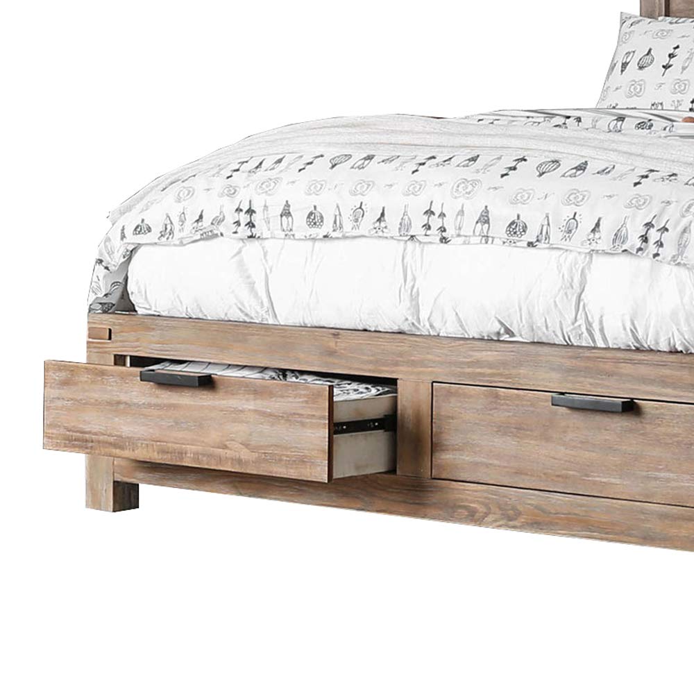 Benjara Queen Size Bed Frame with Storage Drawers and Upholstered Headboard - Solid Wood Oak Brown Finish | Perfect for Small Bedrooms, Guest Rooms & Modern Home Decor