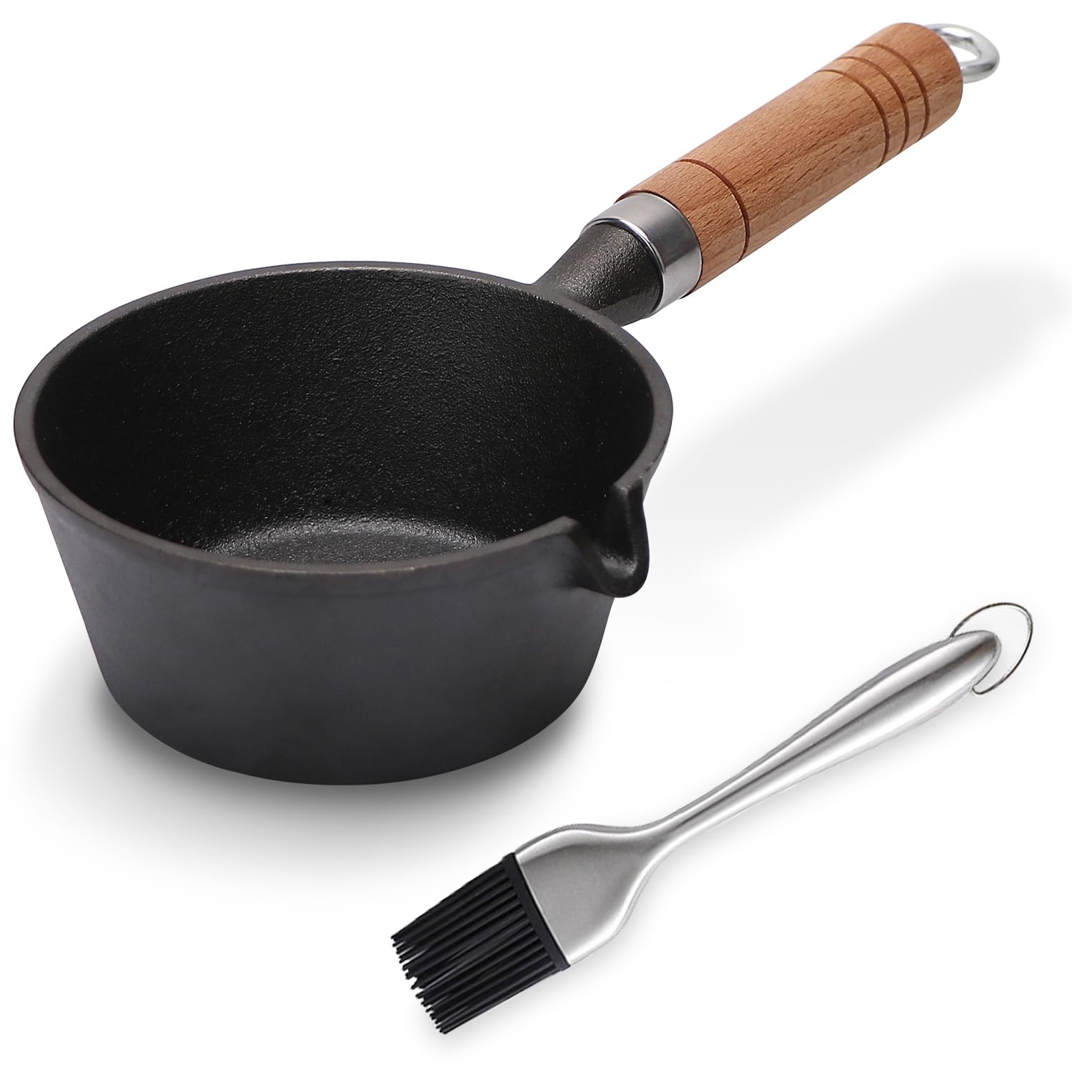 Cast Iron Basting Pot with Wooden Handle & Stainless Steel BBQ Brush - 15oz Melting Pot for Sauces, Marinades, and Butter - Perfect for Meat Smoker, Grill, Stove, and Outdoor Cooking - Ideal BBQ Basting Set for Home Chefs and Camping Enthusiasts
