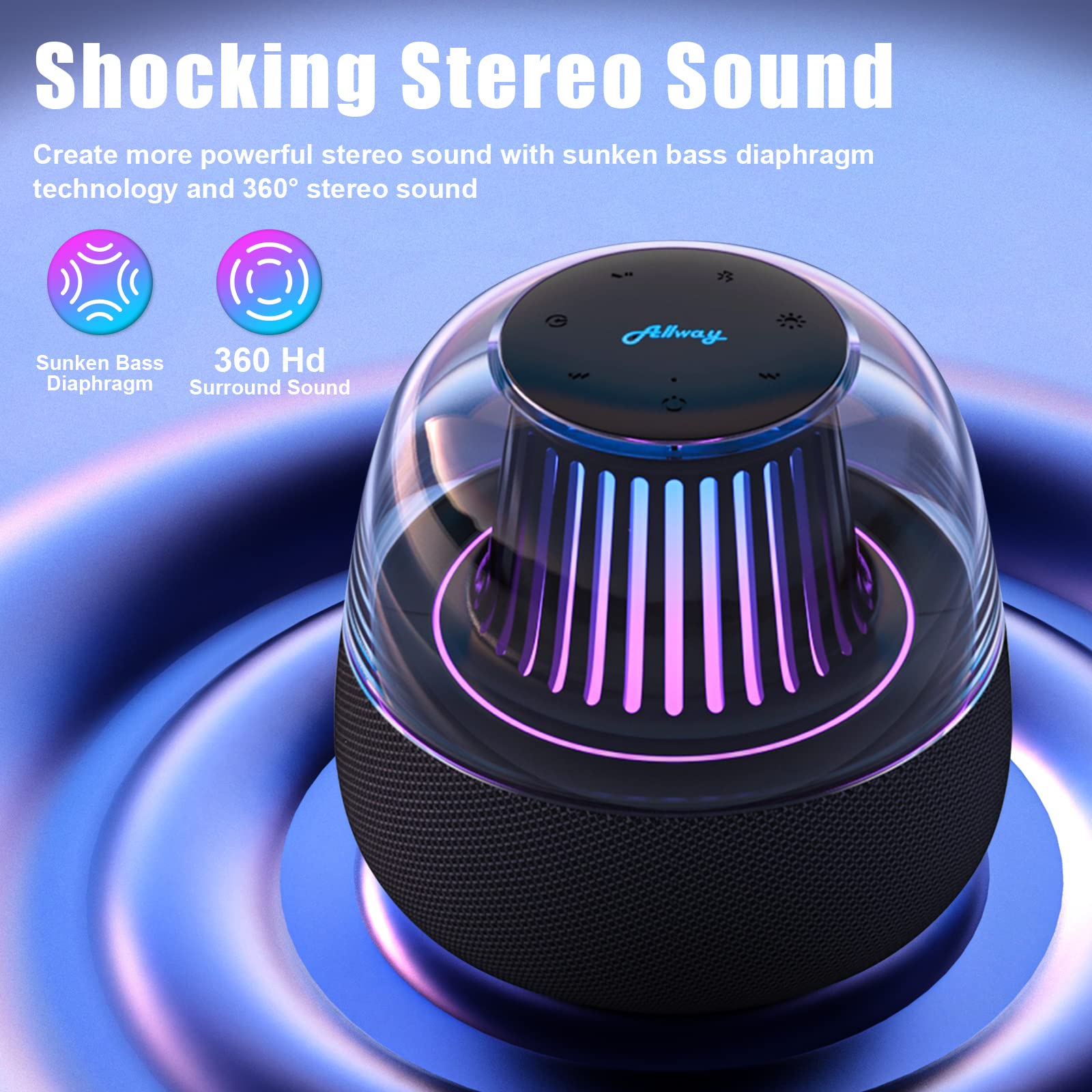 ALLWAY LED Bluetooth Speaker with 8 Light Modes, Super Bass & 360° HD Sound - Wireless Portable Speaker with APP Control, Built-in Mic for Calls, Bluetooth 5.3, TWS Pairing for Home, Party, Camping, Travel & Outdoor Adventures