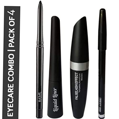 Waterproof Mascara, Eyeliner & Eyebrow Pencil Set - Long Lasting Auto Kajal Black (4-Pack) | Perfect for Everyday Makeup, Party Looks & Waterproof Eye Makeup Essentials