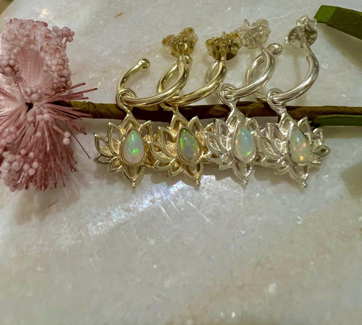 Laihas Opulent Lotus Flower Gold Opal Hoop Earrings for Women - Elegant Dangle Statement Jewelry for Party, Wedding & Special Occasion Gifts