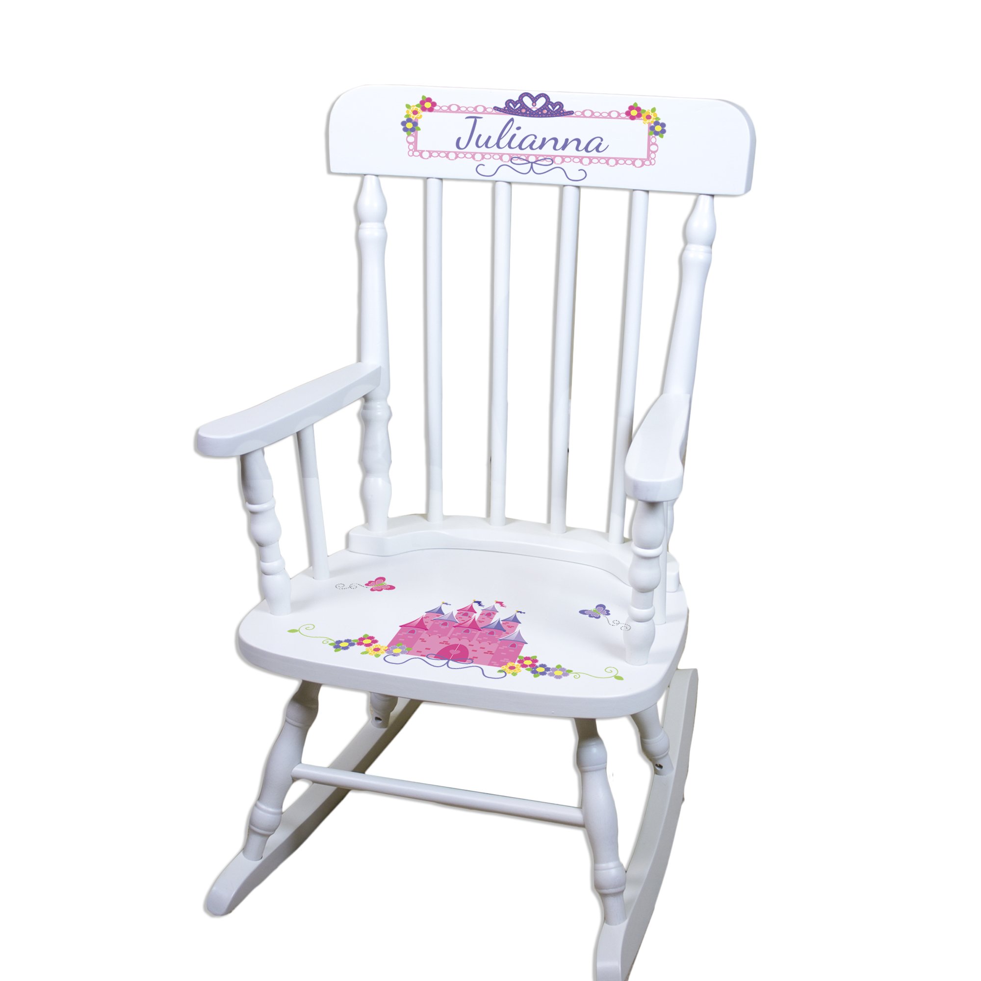 Personalized White Wood Rocking Chair for Baby Girls - Custom Toddler Gift with Pink Princess Castle Design - Perfect for Nursery Decor, Birthday Presents & Photo Shoots