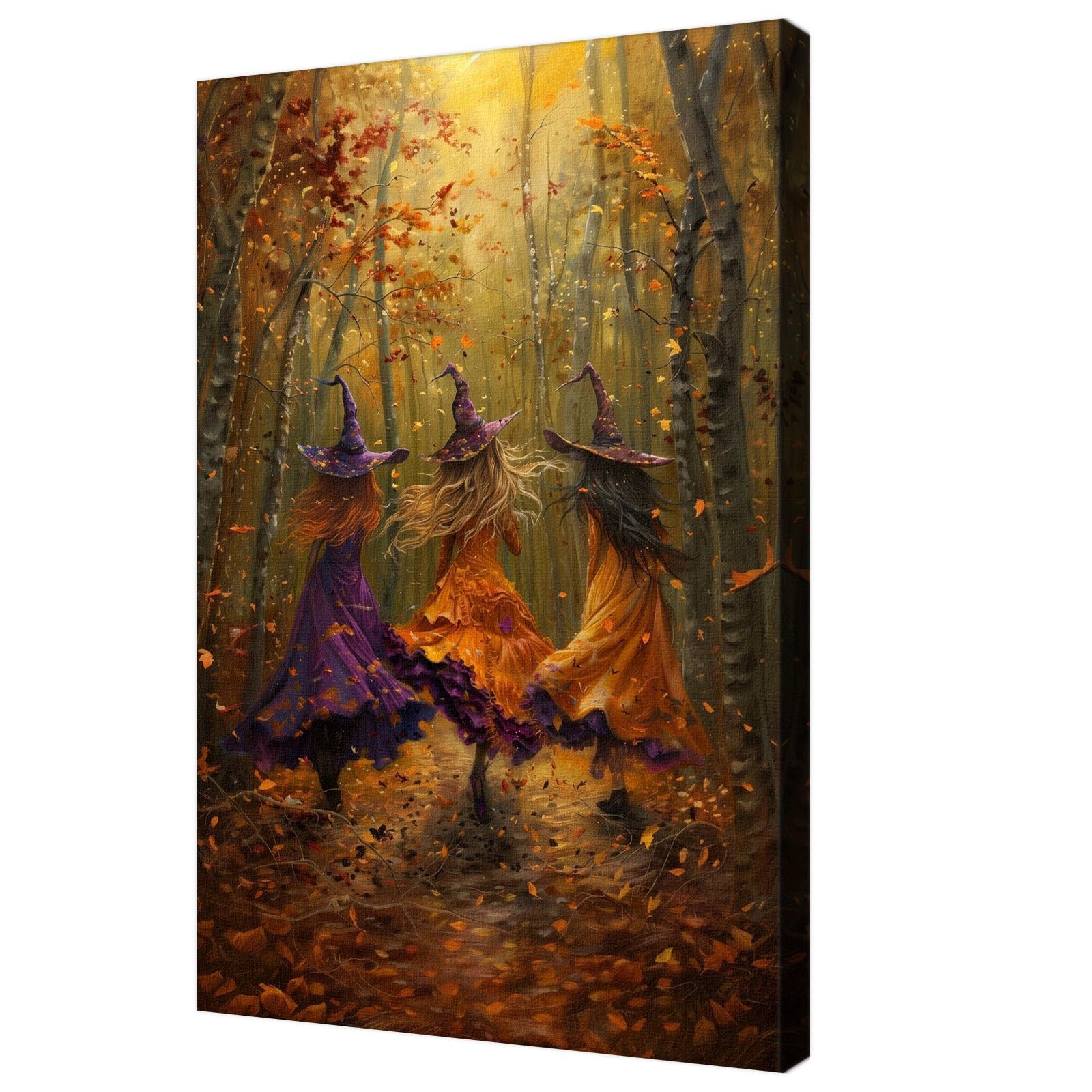 Vintage Spooky Witch Halloween Wall Art - Three Witches in Fall Forest Canvas Framed Prints for Home Decor, Bedroom & Party (Perfect for Halloween Decorations, Haunted House Themes & Gothic Interior Design)