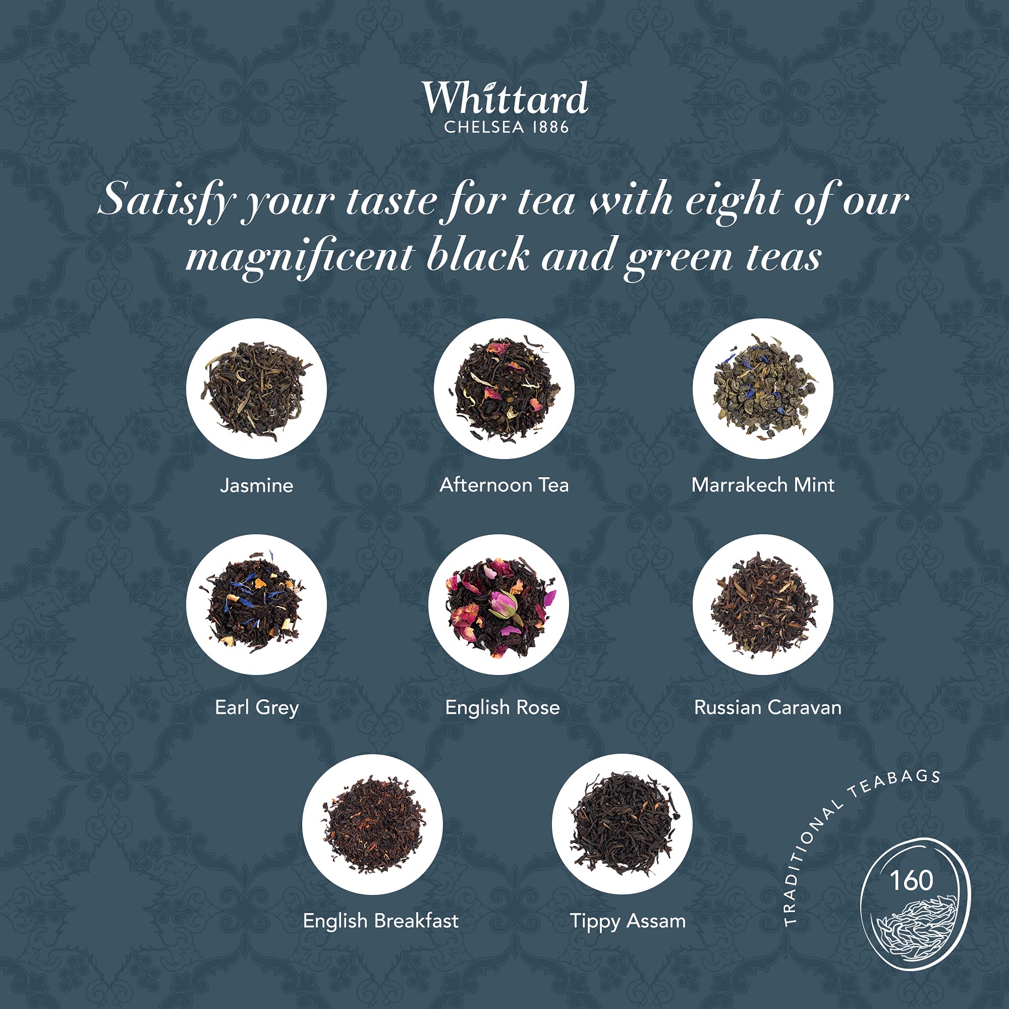 Whittard of Chelsea Premium Tea Discovery Collection - 8 Tea Boxes (160 Teabags) with 5 Black Teas, 2 Green Teas & 1 Oolong Tea - Perfect Gift Set for Tea Lovers, Home & Office Use