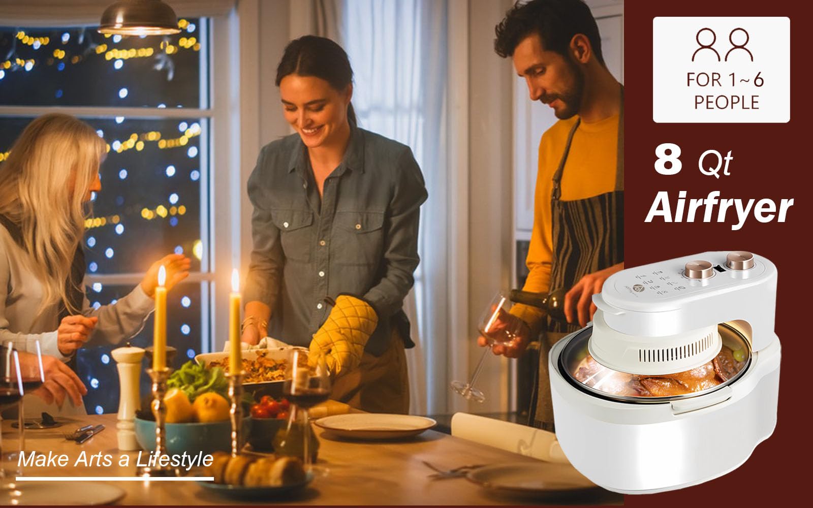 10-in-1 Multi-Function Glass Air Fryer with Rotating Basket - 8 Quart Large Capacity, Even Heating Technology, Visible Window & Explosion-Proof Design - White Gold & Beige Cream - Perfect for Healthy Cooking, Family Meals & Party Snacks