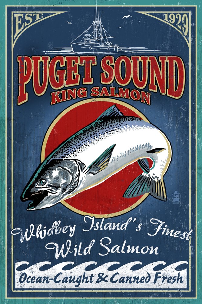 Vintage Whidbey Island Washington Salmon Art Print - Signed 24x36 Wall Decor Poster | Coastal Home Decor, Fishing Lodge Artwork, Pacific Northwest Gift