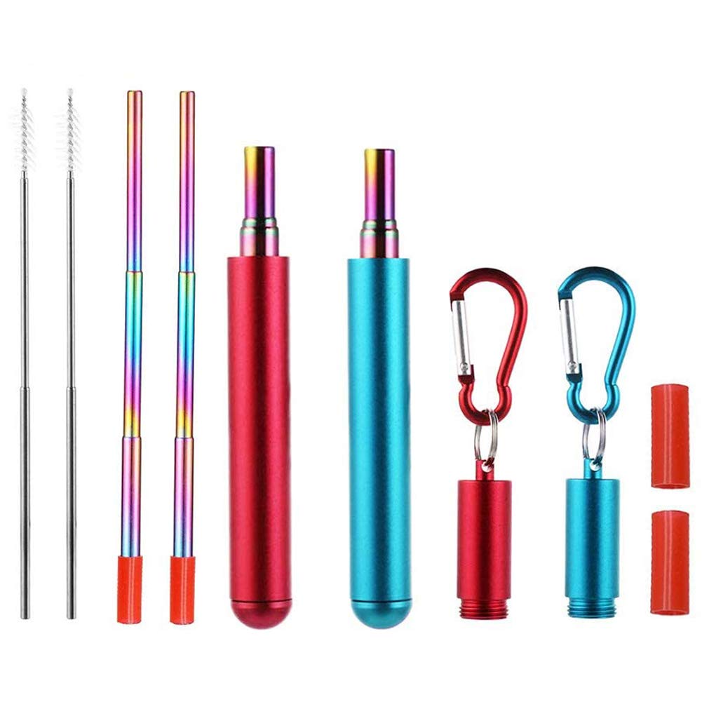 2 Pack Reusable Stainless Steel Telescopic Straws - Collapsible Metal Drinking Straw with Keychain Case & Cleaning Brush | Portable for Travel, Home, Office, Picnics & Outdoor Activities (Red & Blue)