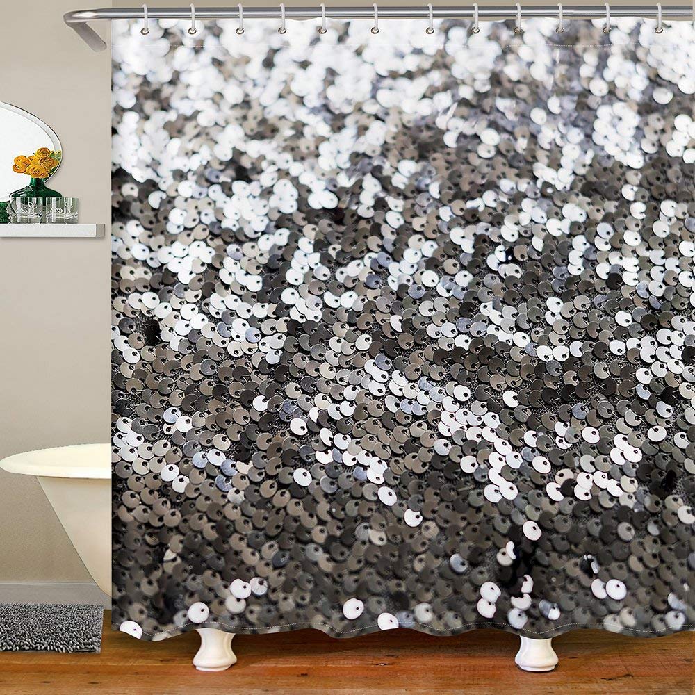 Waterproof Sequins Shower Curtain 72x72 Inches - Black Sparkling Bathroom Decor with Hooks, Washable Polyester Fabric for Elegant Shower & Bathtub Privacy