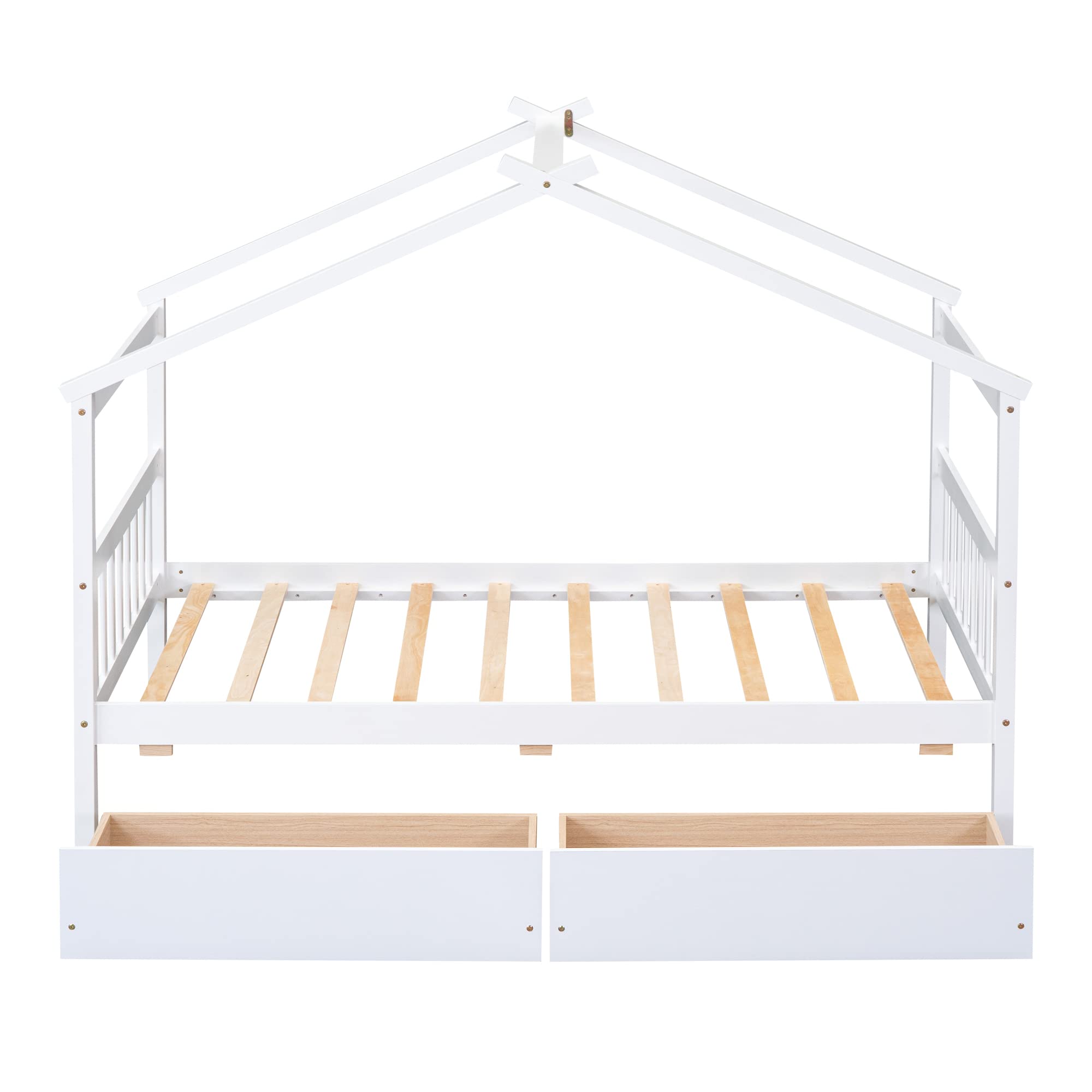 Twin Size Wooden House Bed with 2 Storage Drawers - Montessori Kids Bed Frame, Playhouse Tent Bed for Girls, Boys & Teens - White - Perfect for Small Bedrooms, Playrooms & Montessori Learning Spaces