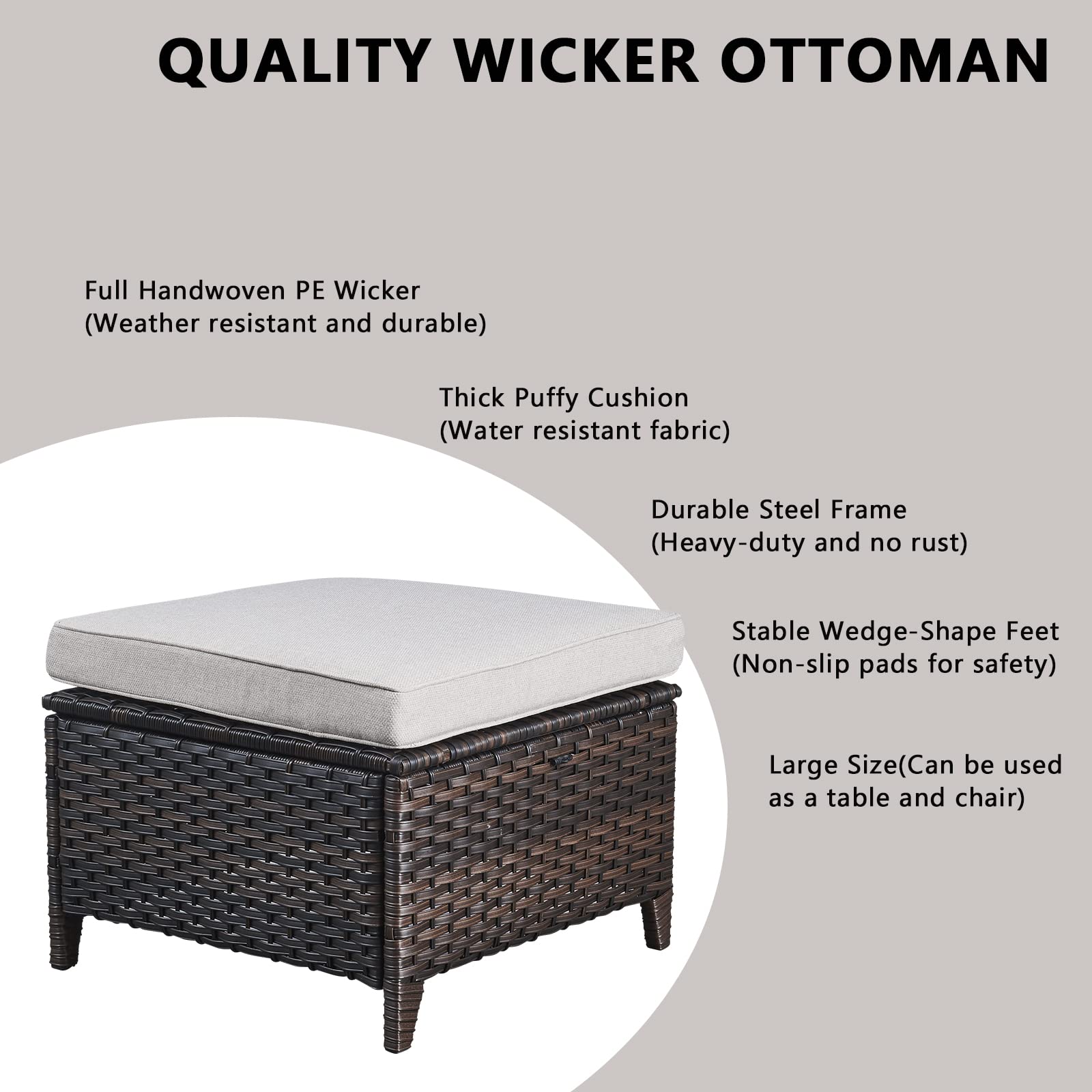 2-Piece Outdoor Wicker Ottoman Set with Thick Cushions - Brown/Beige Rattan Patio Footrest & Footstool for Garden, Poolside & Deck Relaxation