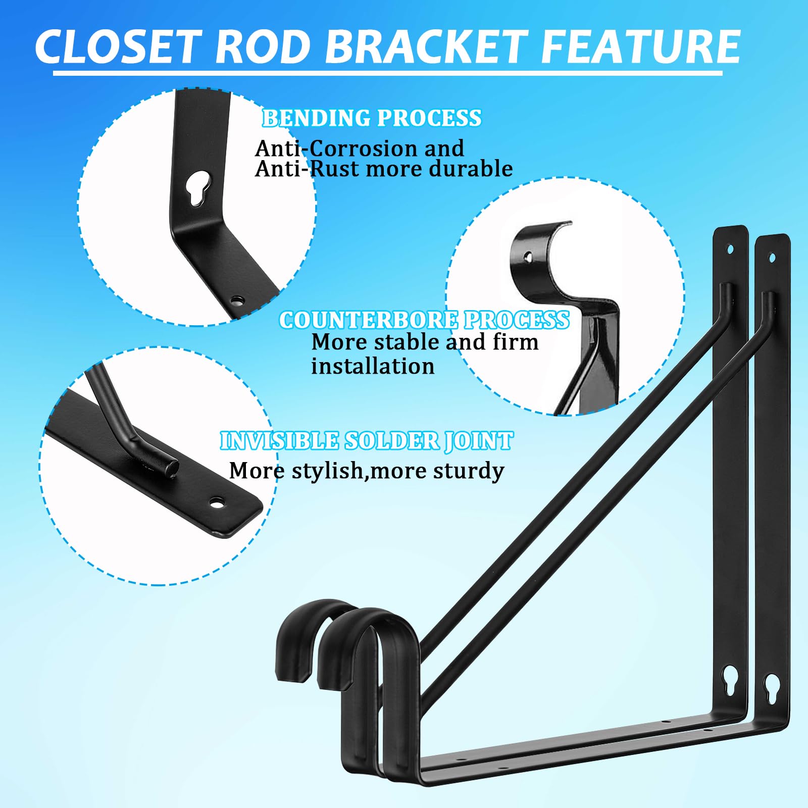 8 Pack Heavy Duty Closet Rod Brackets 11x11 Inch - Black Wall Mounted Shelf & Closet Pole Support Bracket with Screws - Perfect for Home Organization, Wardrobe Storage, and Closet Renovation Projects