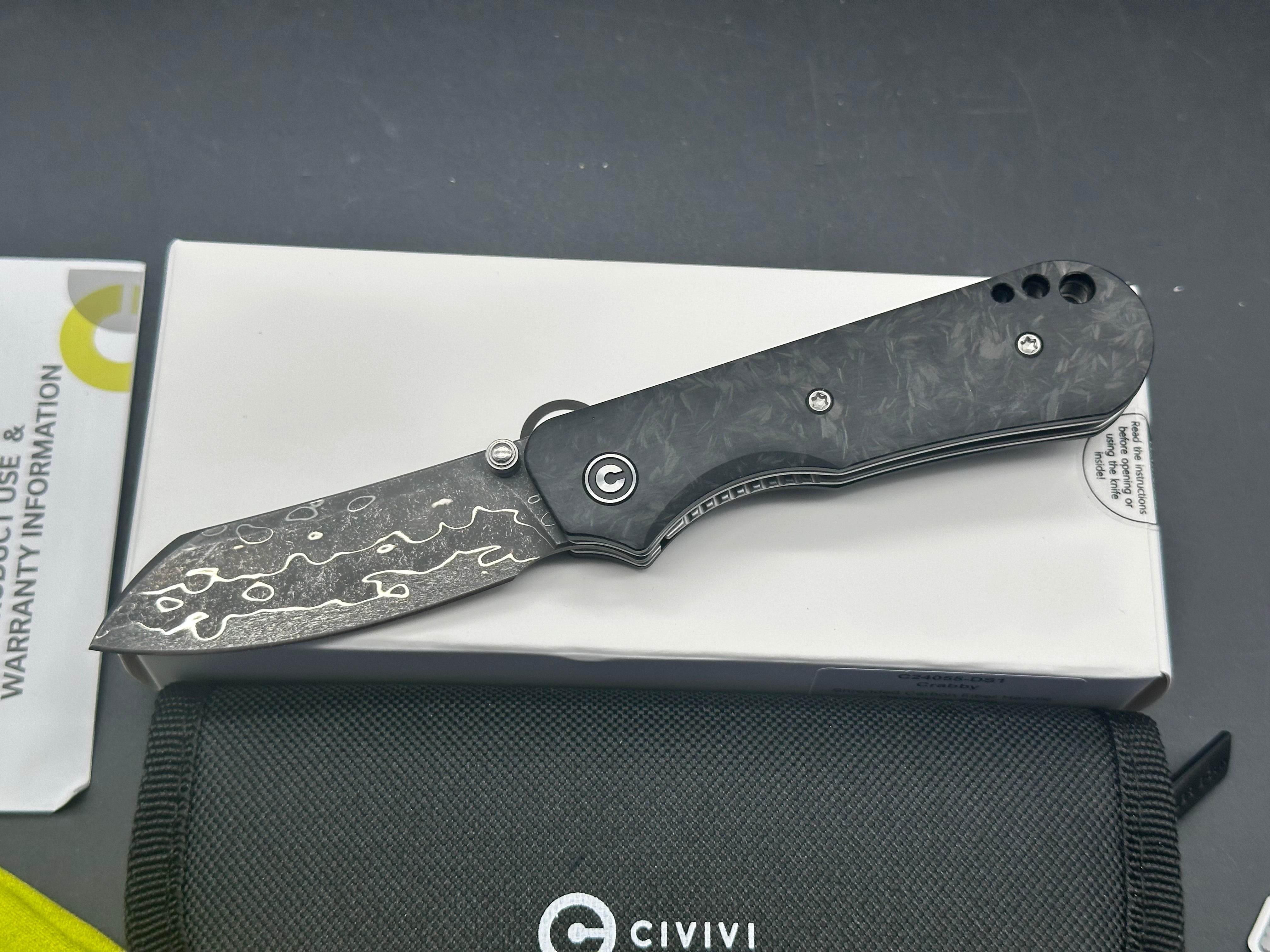 CIVIVI CRABBY Folding Knife - Damascus Steel Blade, Shredded Carbon Fiber Handle - EDC Pocket Knife for Outdoor, Camping & Everyday Carry