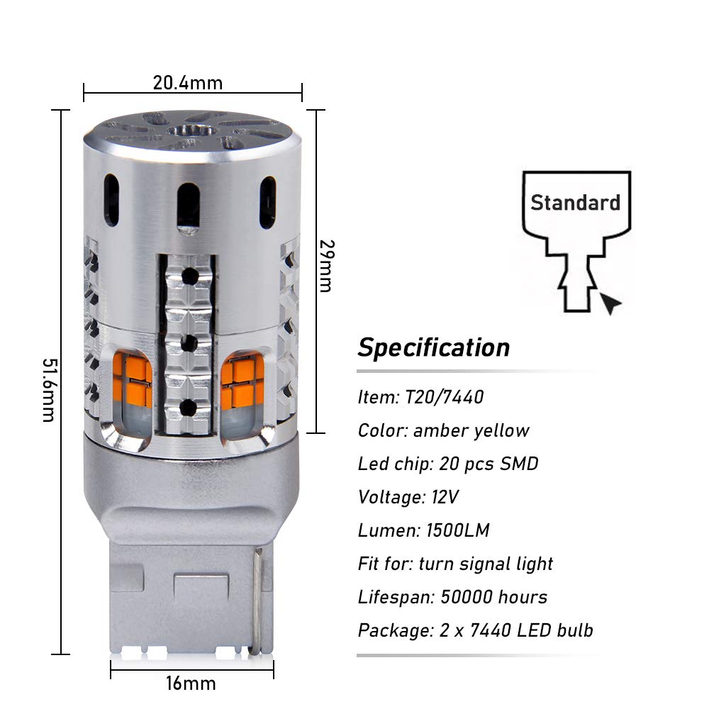 OPP ULITE 7440 LED Bulbs Amber - Error Free Canbus with Built-In Resistor, Plug N Play 360° Luminous Turn Signal Lights (7444NA T20 7441 WY21W W21W 12V 20-LED Switchback Bulbs) - 2PC Pack for Cars, Trucks, SUVs & Motorcycles
