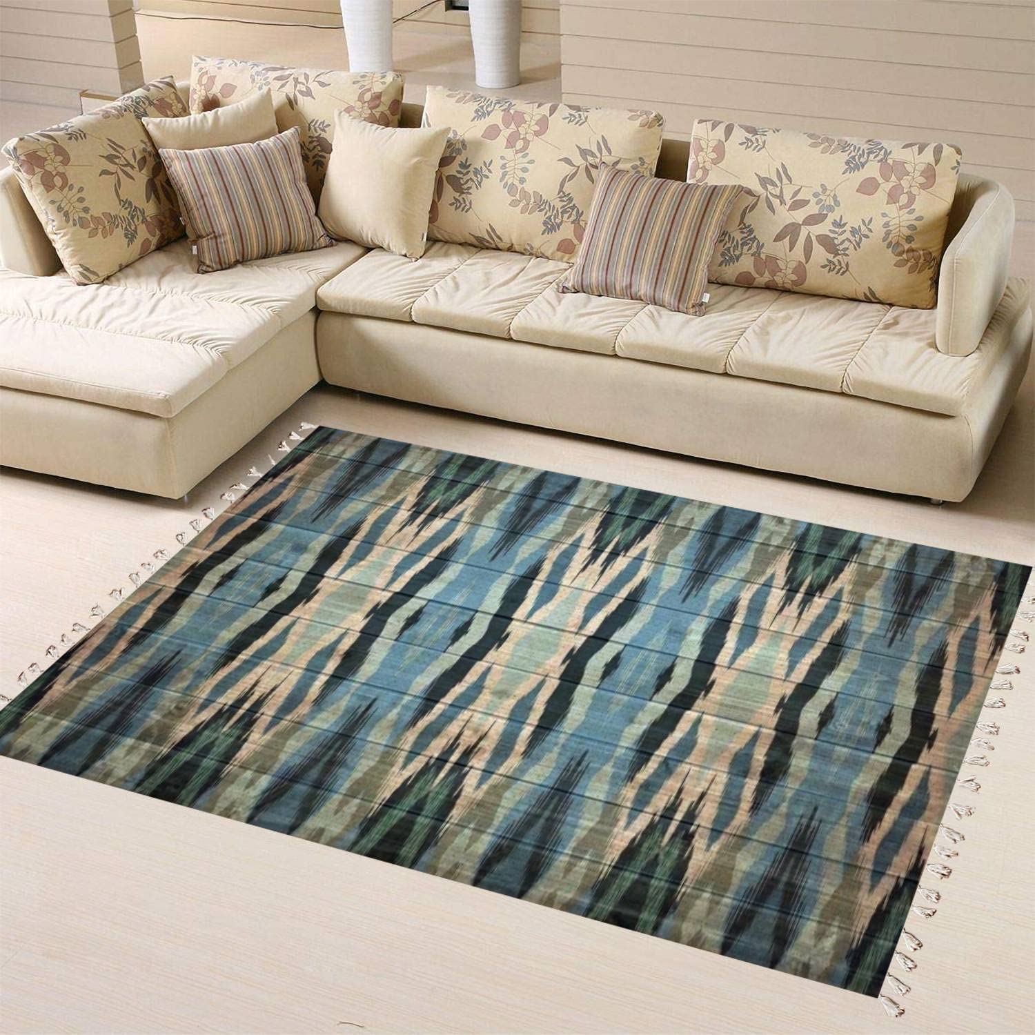 Boho Ikat Geometric Tribal Area Rug - Handmade Diamond Ethnic Texture Linen Carpet for Living Room, Bedroom, Patio & Hallway | Minimalist Home Decor, Durable Floor Mat for Indoor & Outdoor Use