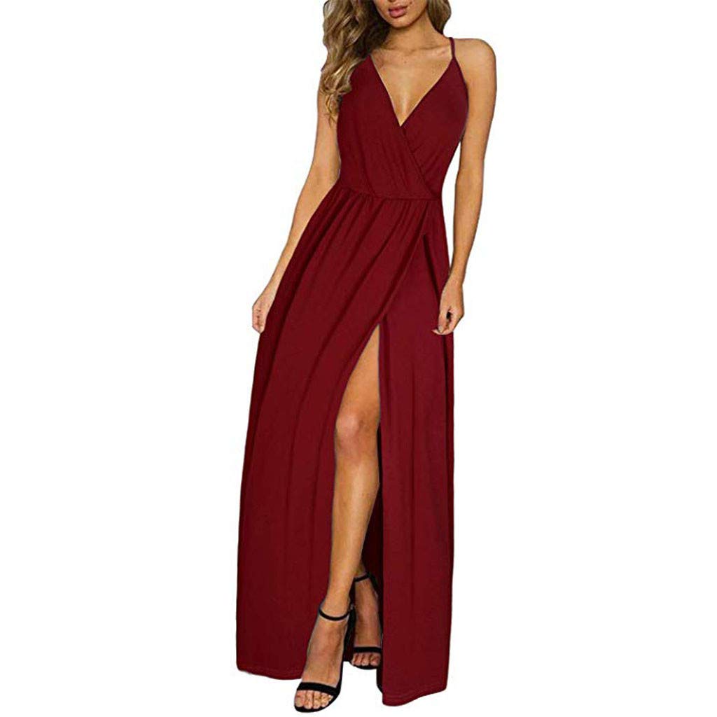 Women's Summer Dresses - Deep V-Neck Backless Floral Print & Solid Maxi Dresses with Side Slit | Casual Beach Party Dress for Vacation, Date Night & Outdoor Events