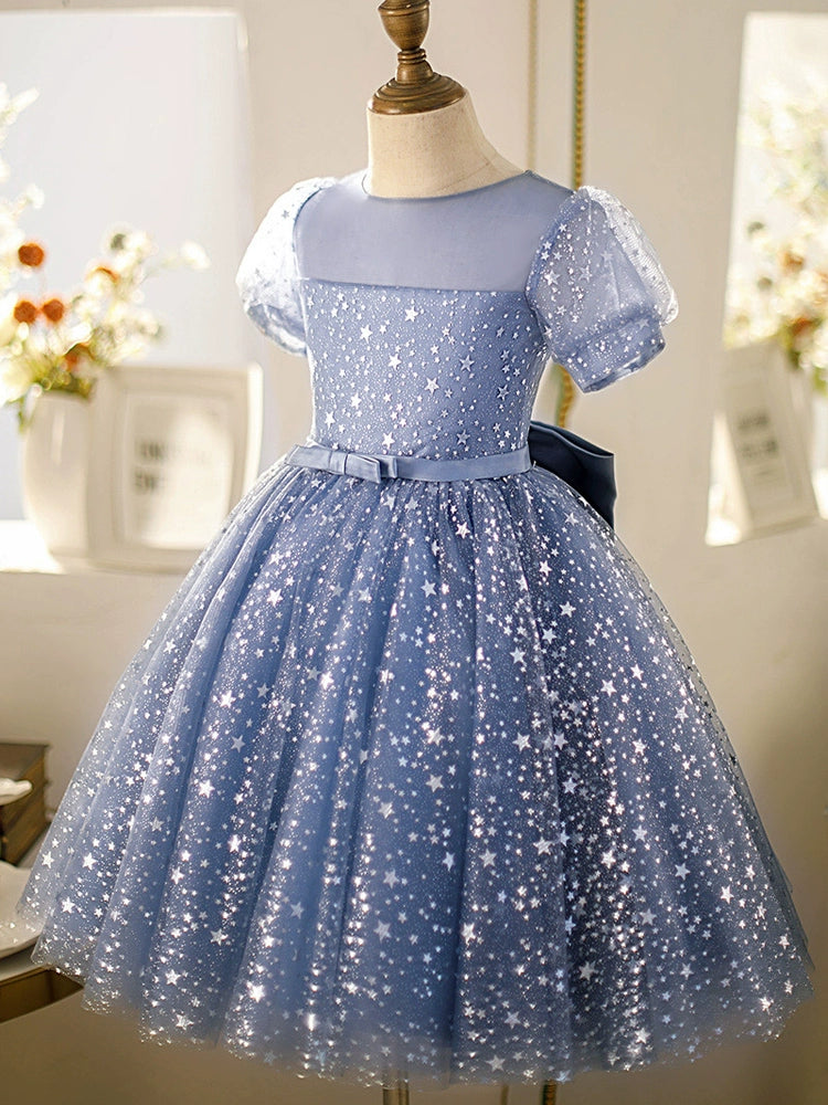 Blue Princess Round Tulle Flower Girl Dress - Elegant Baptism, First Communion & Wedding Party Attire
