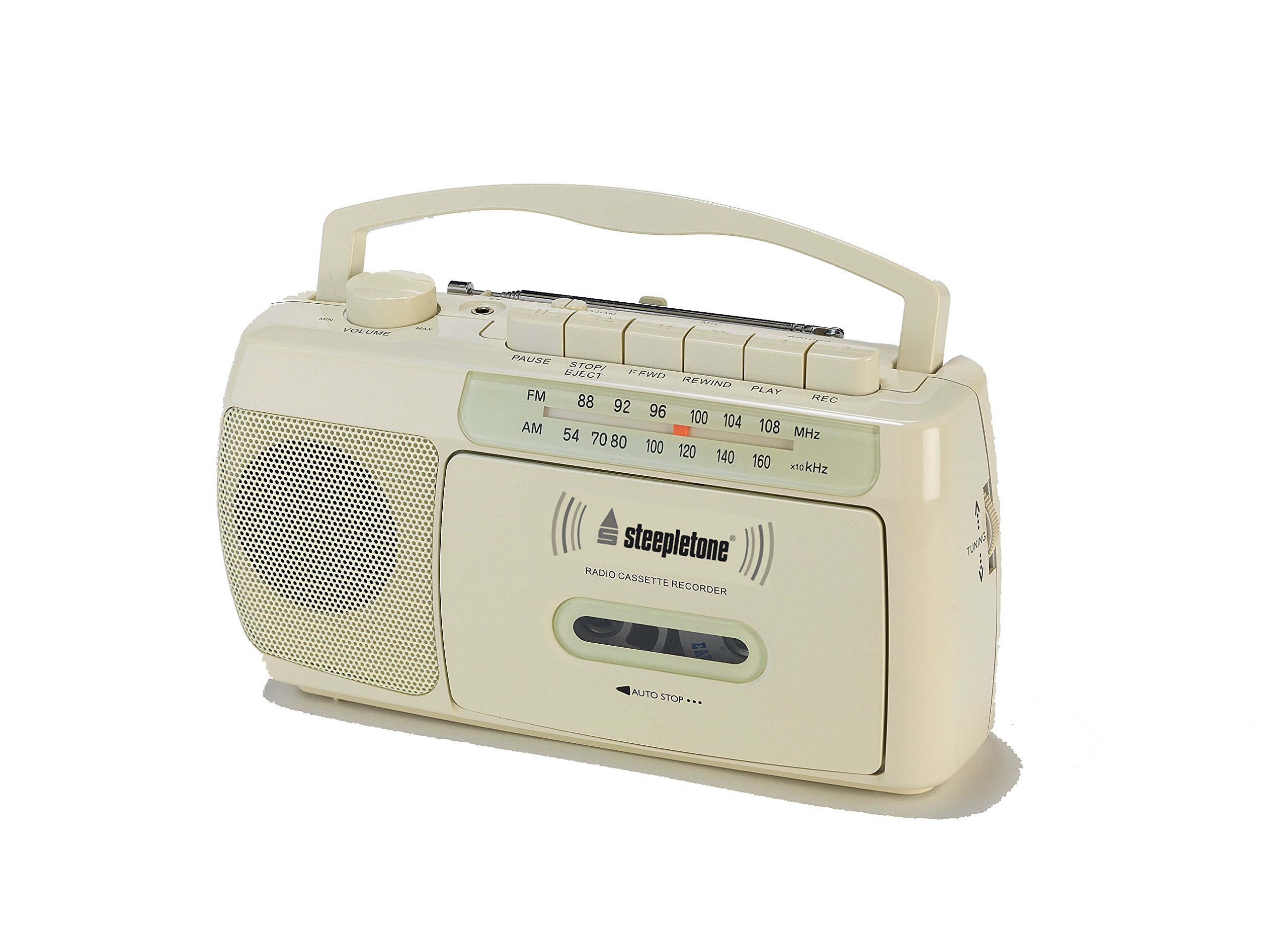 Steepletone SCR209 Portable AM/FM Radio Cassette Player Recorder with Built-in Microphone - Battery & AC Power - Cream Vintage Style | Perfect for Home, Office, Travel & Retro Music Lovers
