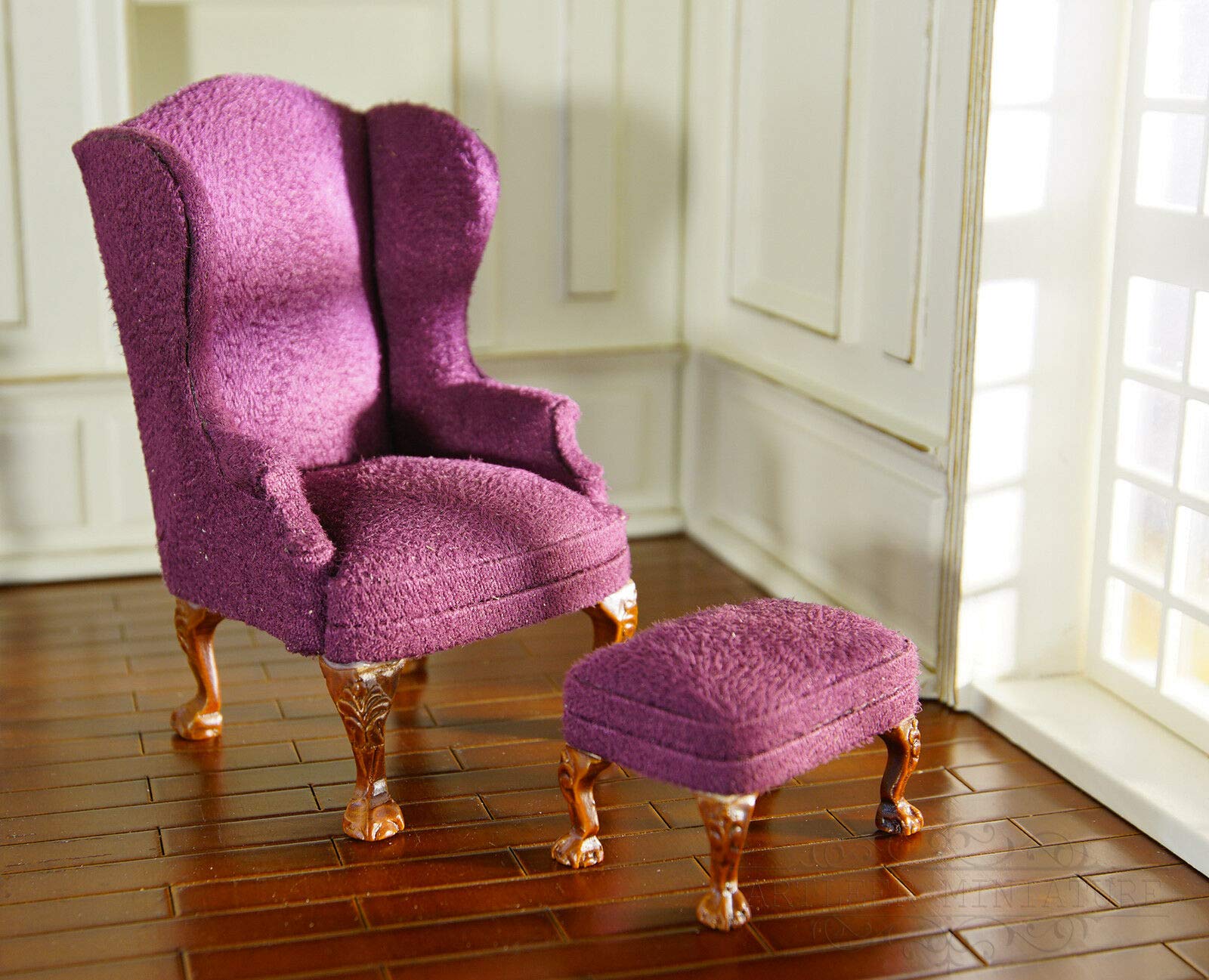 1/12 Scale Dollhouse Furniture - Elegant Purple Fabric Leisure Chair & Ottoman Set YZ0077A for Miniature Home Decor, DIY Projects & Collectibles