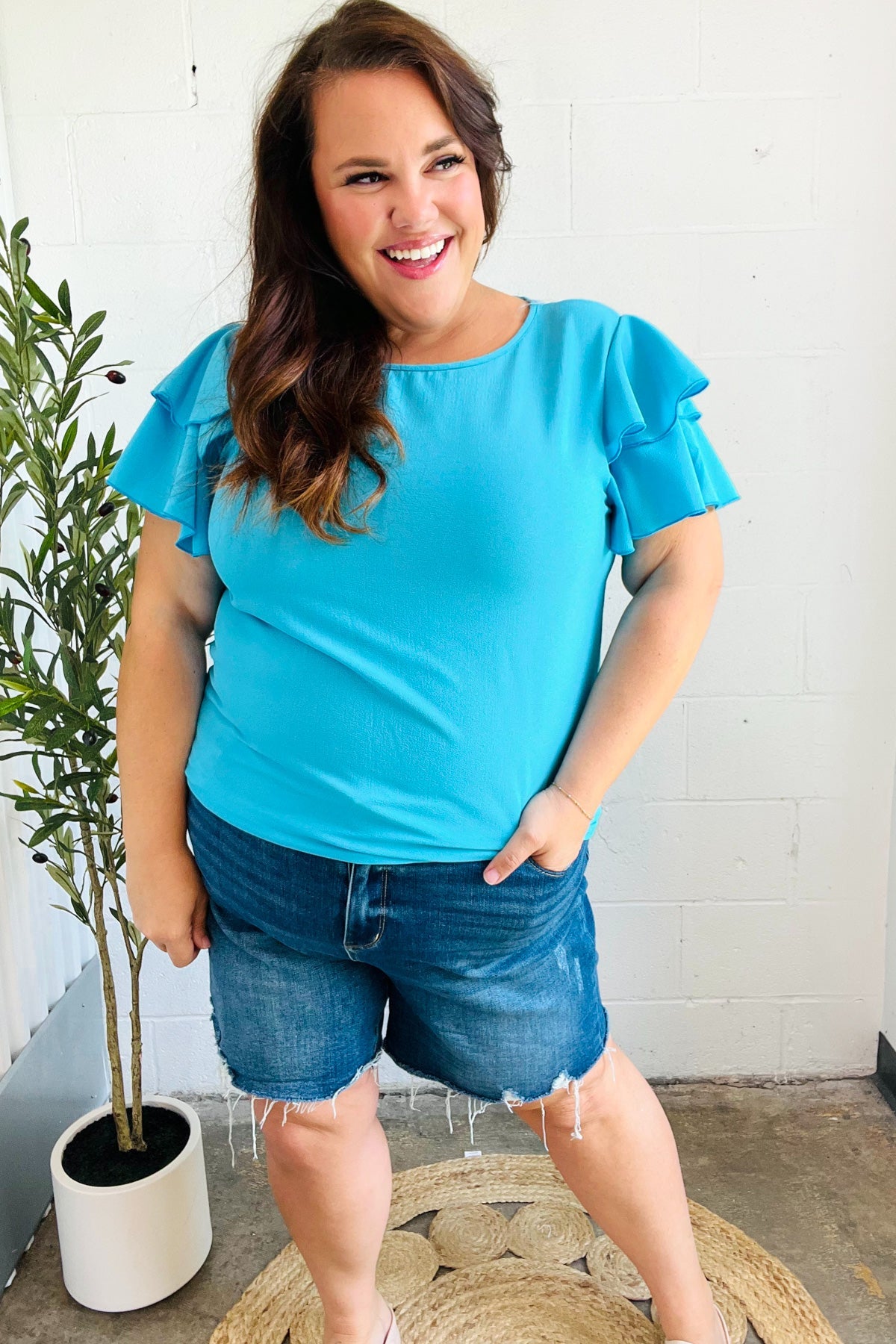 Stylish Blue Tiered Double Ruffle Sleeve Woven Top for Women | Casual Summer Blouse | Perfect for Dates, Office & Outdoor Events
