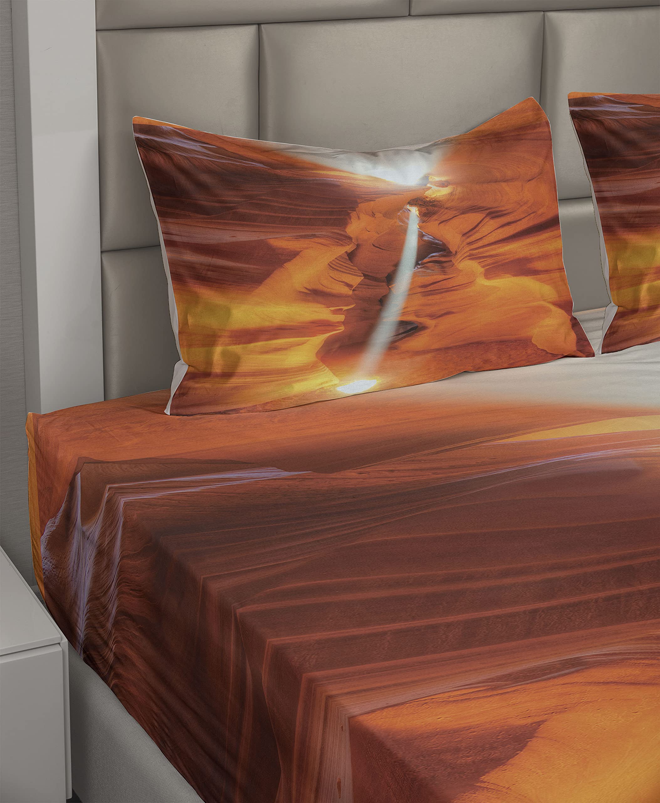 Ambesonne Americana King Size 4-Piece Sheet Set - Majestic Scenery Sunbeam Sandstone Antelope Canyon Nature Design, Orange Yellow & White Bedding with Fitted Sheet, Flat Sheet & Pillowcases - Perfect for Southwest Style Bedrooms, Vacation Homes & Nature-Themed Decor