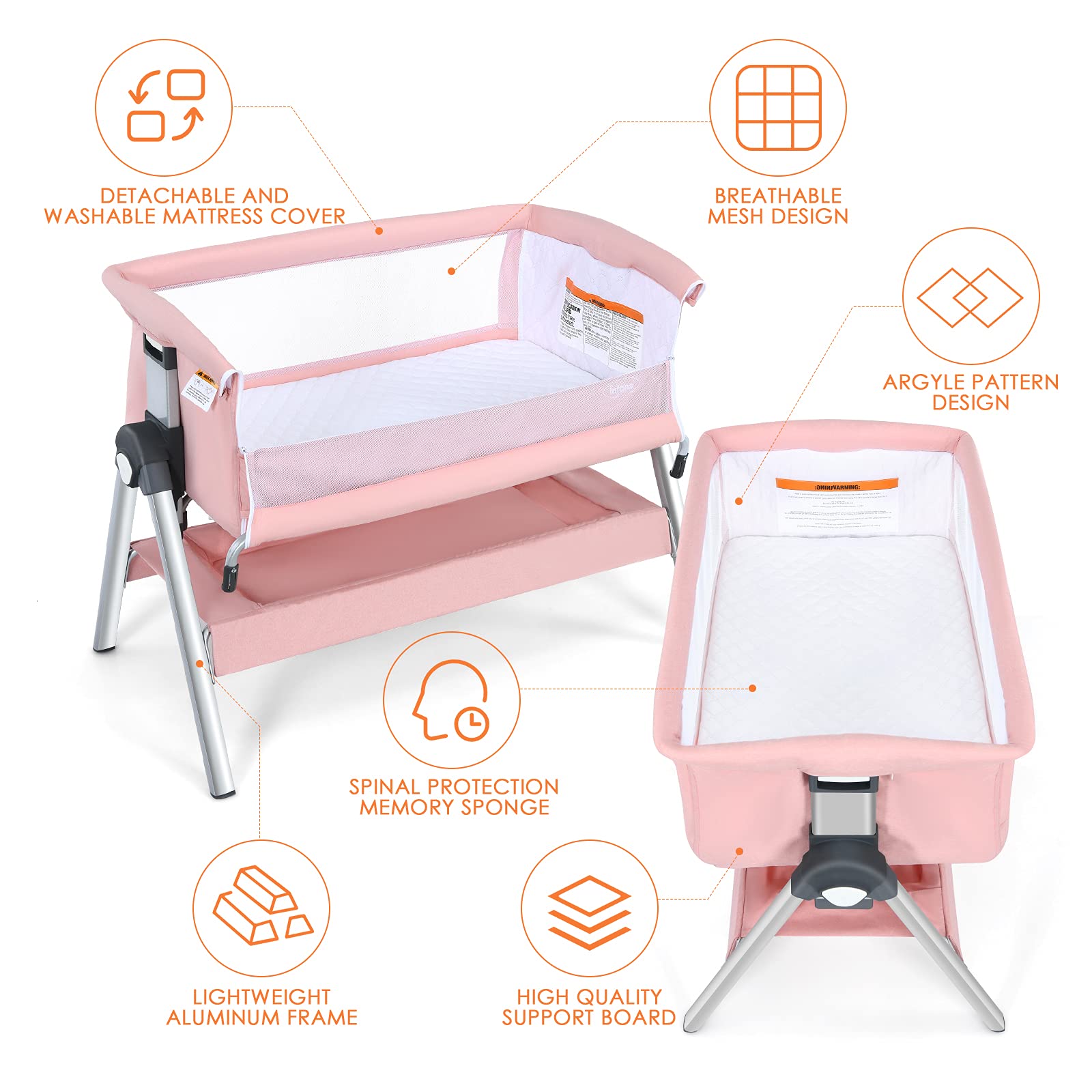 INFANS Baby Bassinet Bedside Crib - Portable Newborn Sleeper with Large Storage Basket, Adjustable Height & Breathable Mesh - Detachable Washable Mattress & Safety Straps - Perfect for Nursery, Bedroom & Travel (Pink)