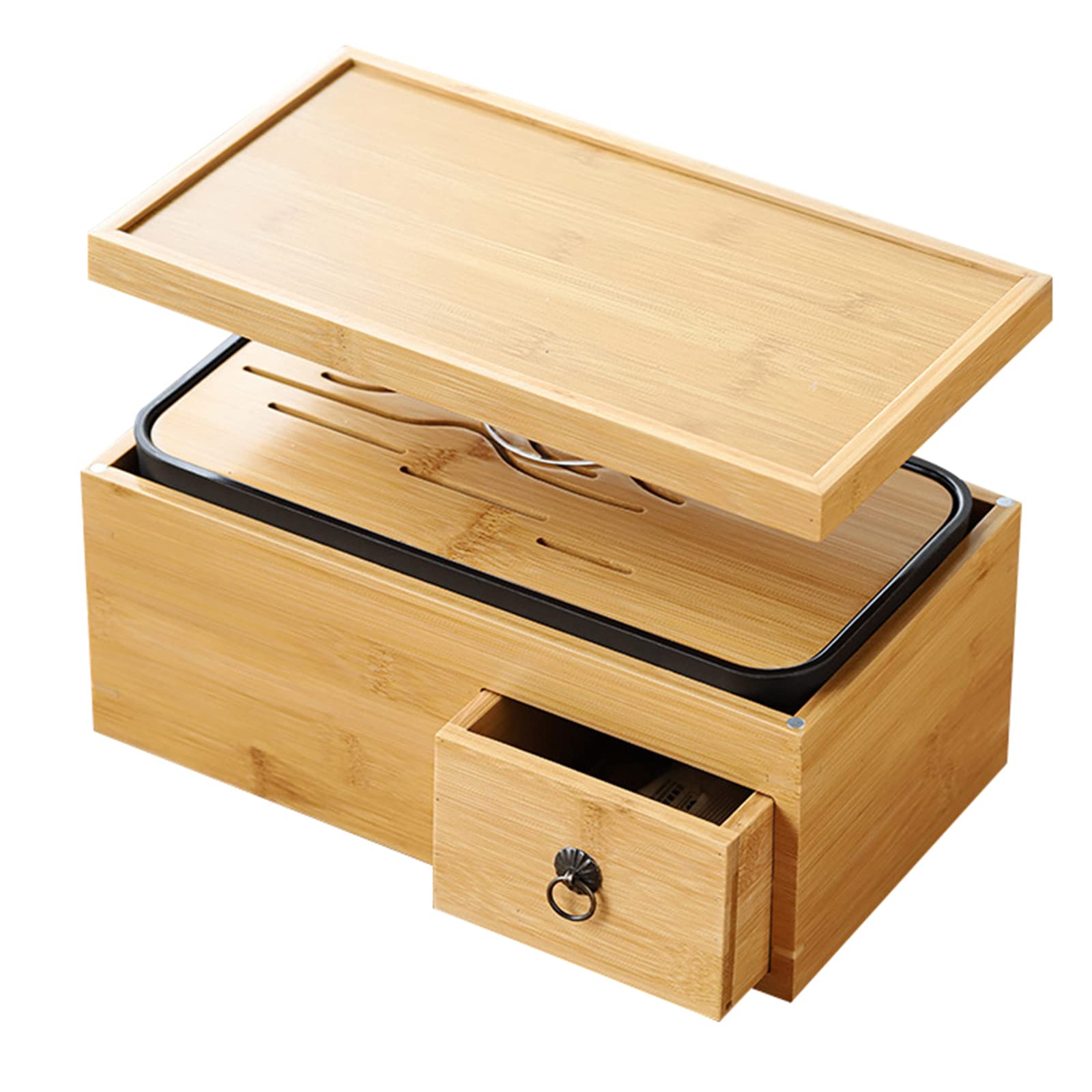 Premium Bamboo Tea Tray with Drainage Reservoir - Traditional Chinese Gongfu Tea Serving Set with Storage Box - Perfect for Tea Ceremonies, Home Decor & Zen Meditation Spaces