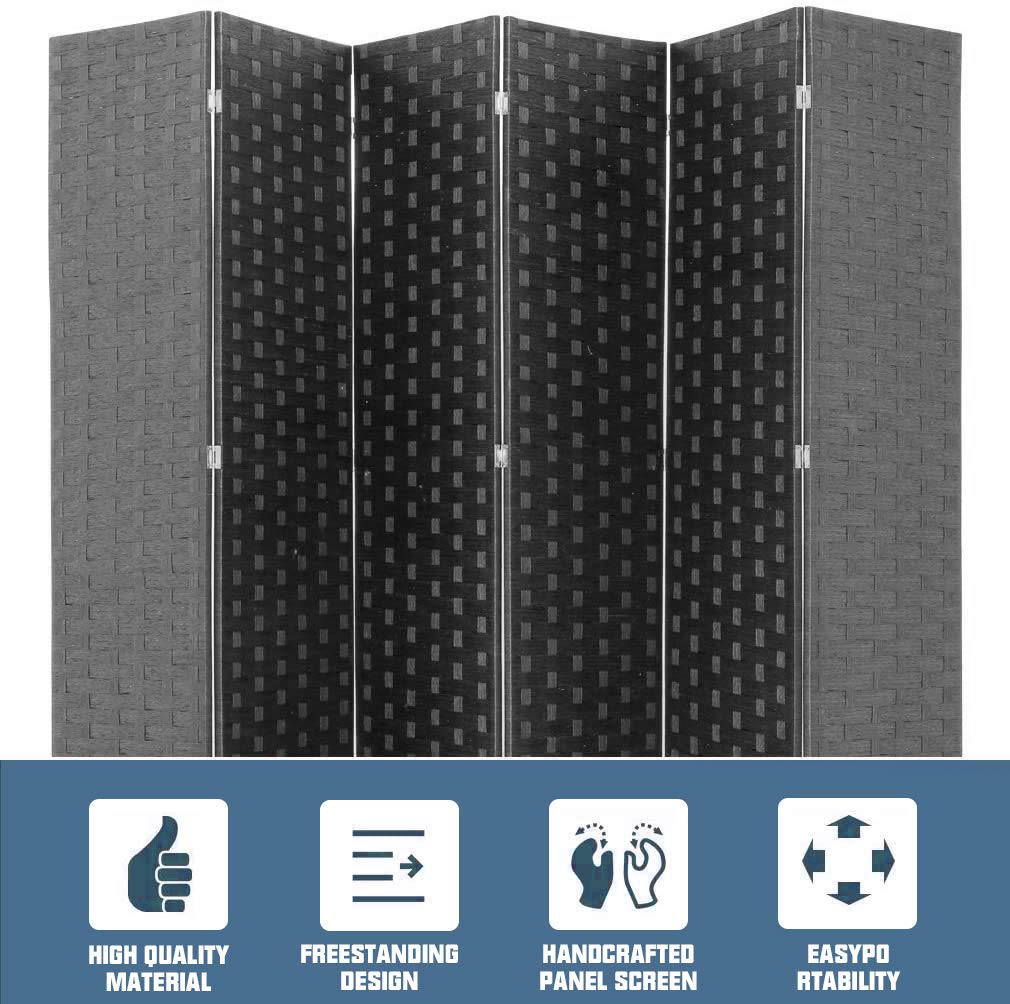 6 Panel 6 ft Foldable Room Divider - Handcrafted Wood Mesh Woven Privacy Screen for Home Office, Bedroom & Studio - Portable Freestanding Room Partition (Black) | Perfect for Creating Private Spaces in Apartments, Events and Workspaces