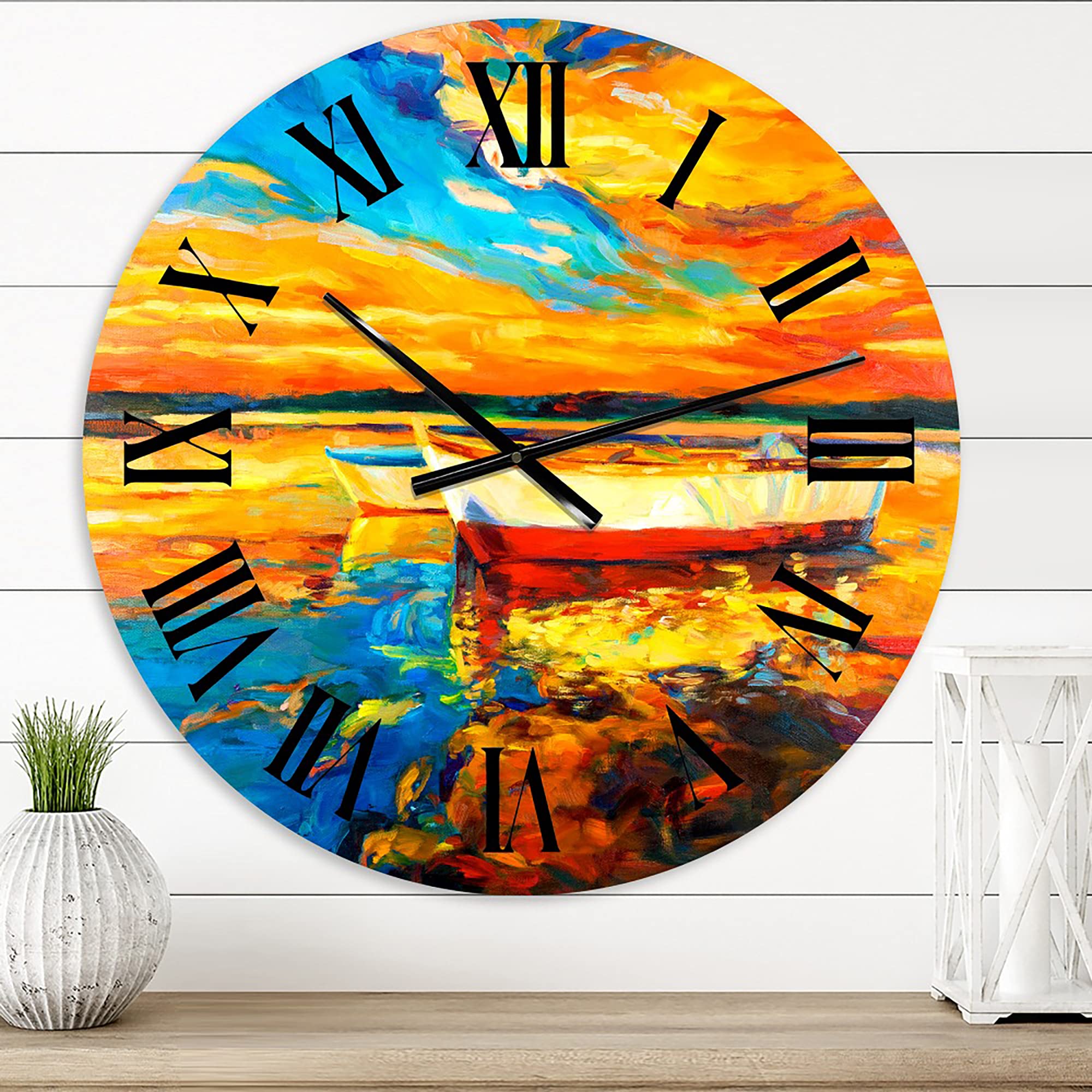 Vintage Nautical Coastal Wall Clock - White & Red Boats Sunset Pier Design, Orange Round Clock for Kitchen, Living Room, Office & Beach House Decor