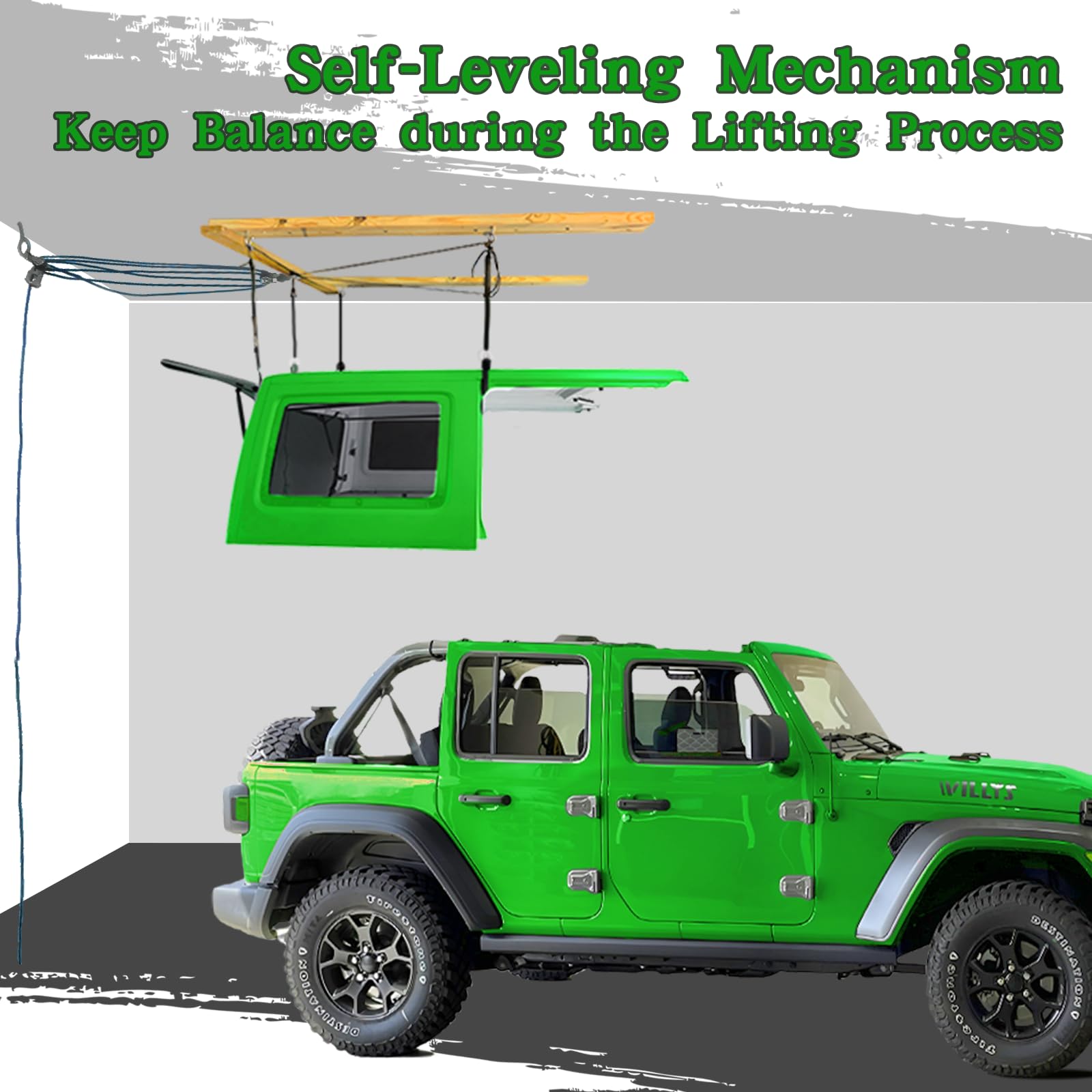Jeep Wrangler Hard Top Removal Lift - Single Person Roof Hoist for JL & JK Models | Ford Compatible | Anti-Drop Safety System | 8-16 ft Ceiling Support | Includes 6 T Knobs | Perfect for Garage Storage & Off-Road Enthusiasts
