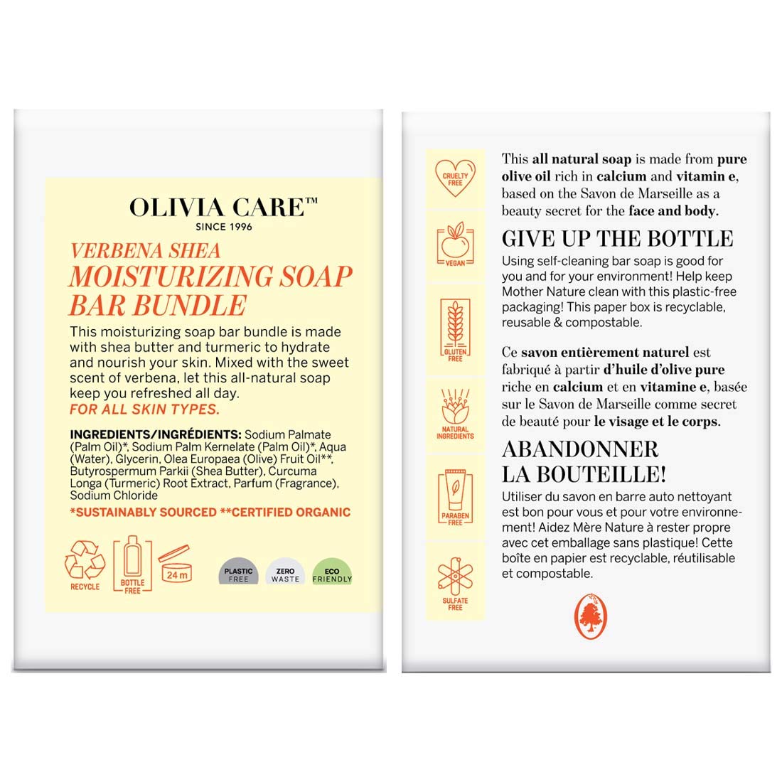 Olivia Care Moisturizing Bar Soap - 100% Natural & Organic with Verbena, Shea Butter & Turmeric - Deep Cleansing, Refreshing & Hydrating for Dry Skin - Pack of 3 - Perfect for Daily Shower, Spa & Gift Sets
