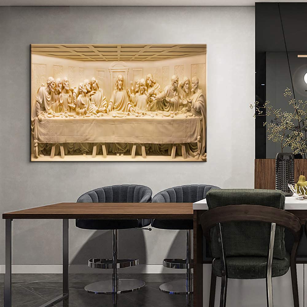Modern Jesus Painting - The Last Supper Carved Stone Canvas Wall Art - Christian Religious Decor Framed Ready to Hang - Perfect for Dining Room, Church & Home Decor (28x40 Inches)