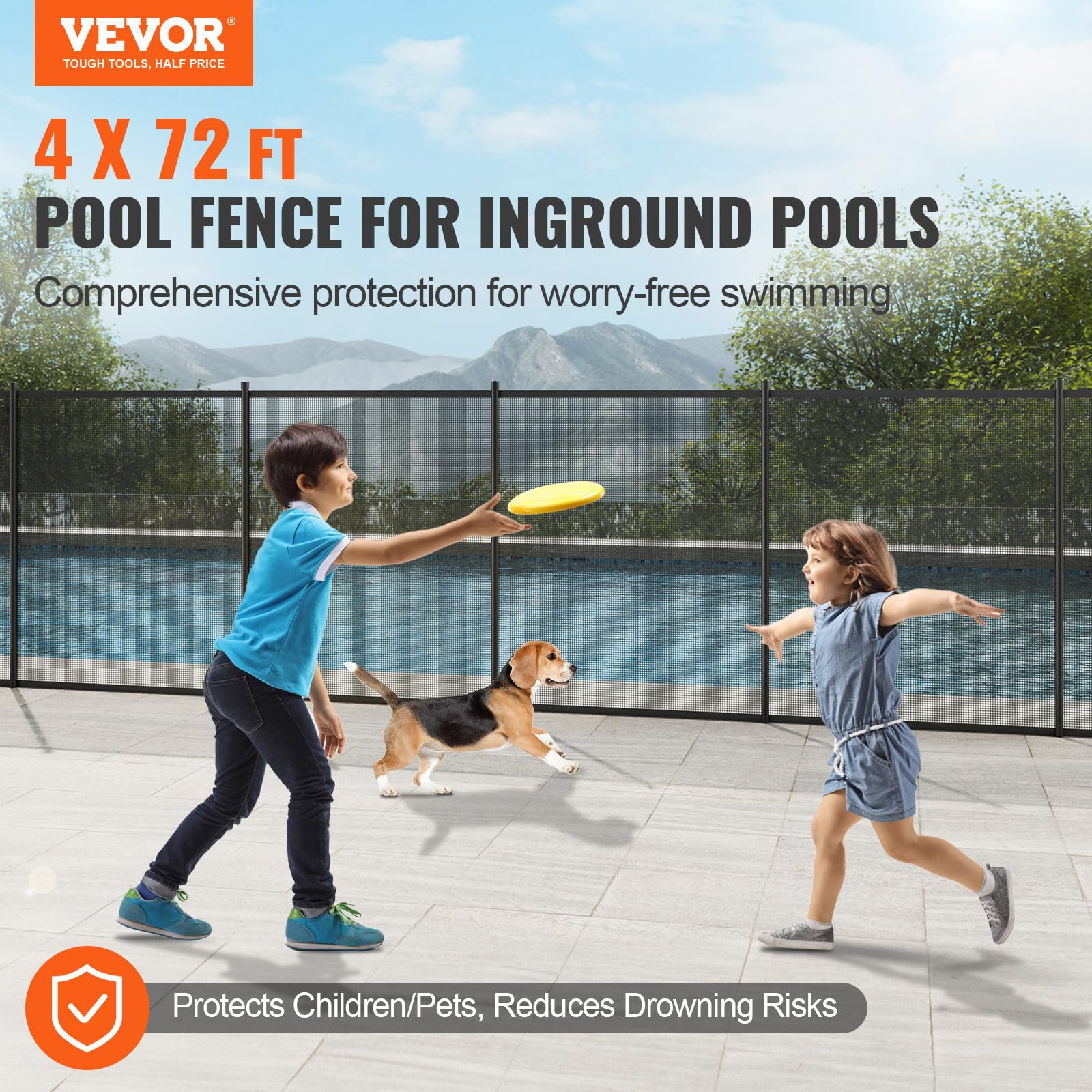 VEVOR 4x72 FT Removable Safety Pool Fence for Inground Pools - Heavy Duty 340g Teslin PVC Mesh, Easy DIY Installation, Child & Pet Protection - Perfect for Backyard, Residential, and Commercial Swimming Pool Safety