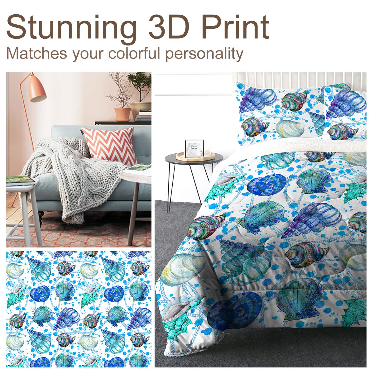 Super Soft Sherpa Comforter Set - Faux Fur Bedspread & 3D Lightweight Fuzzy Duvet Blanket with Polyester Filler - King Size (Ocean Seashell) - Cozy Winter Bedding for Master Bedroom & Guest Room