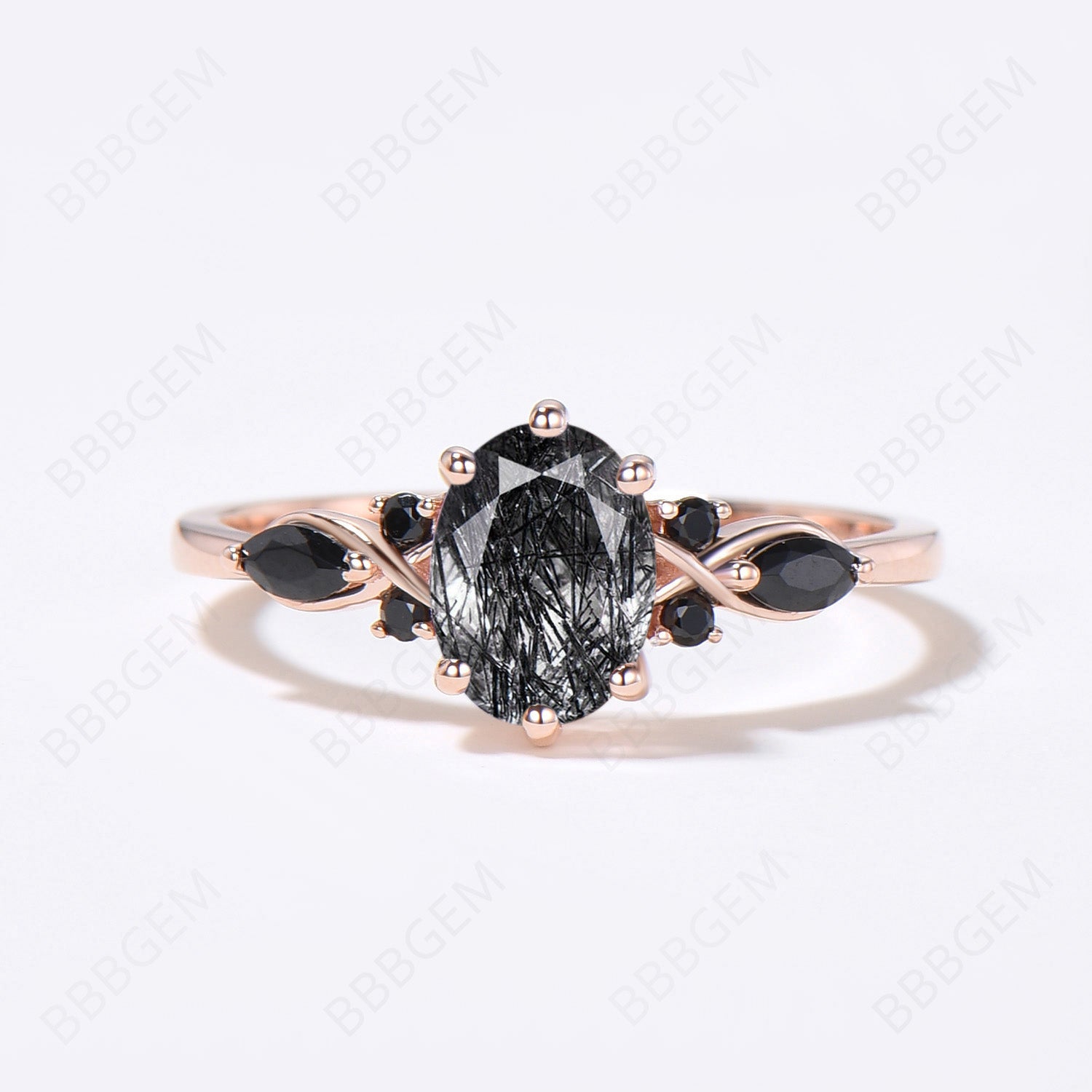 Rose Gold Oval Black Rutilated Quartz Engagement Ring Set - Elegant Wedding Band for Women, Unique Gemstone Jewelry Gift for Her - Perfect for Proposals, Anniversaries & Special Occasions