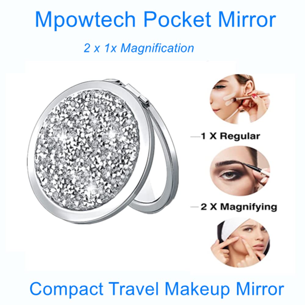 5 Pack Silver Compact Mirror with Diamond Design - 2x & 1x Magnification Folding Pocket Mirror for Makeup, Travel, Purse | Portable Small Mirror Gift Set for Women, Bridesmaids, Cosmetics Touch-ups