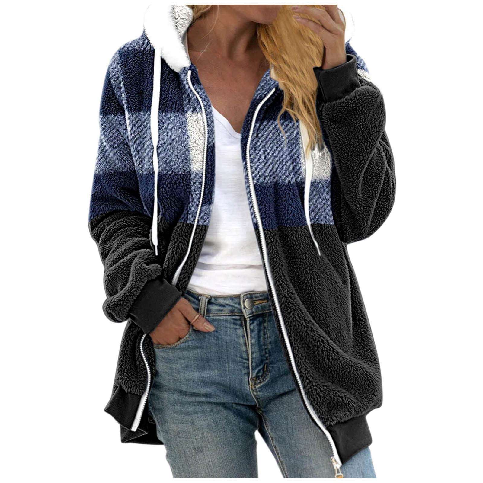 Women's Plaid Fleece Jacket - Winter Warm Fuzzy Sherpa Long Sleeve Zip Up Hooded Coat | Casual Outerwear for Cold Weather, Hiking & Outdoor Activities
